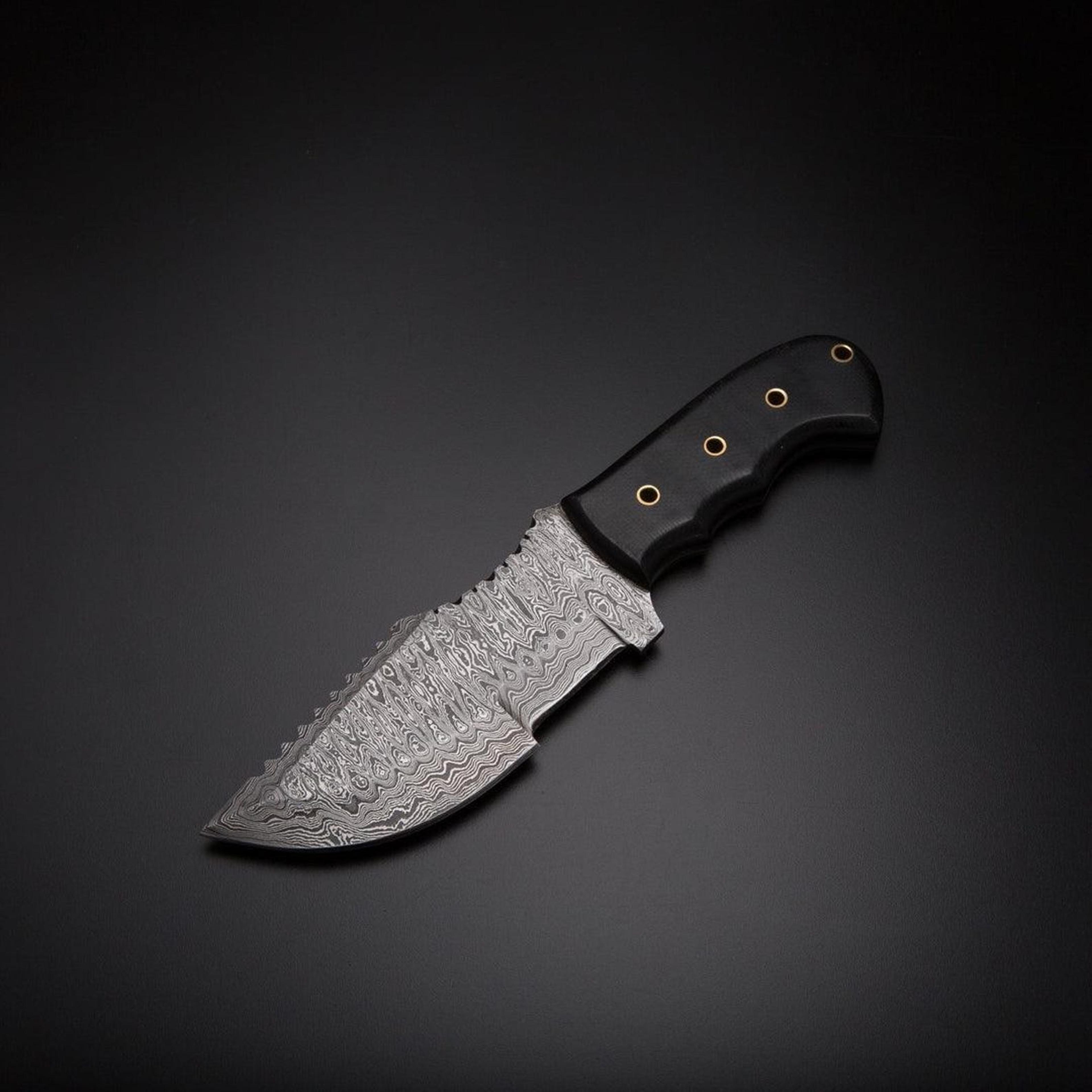 high-quality damascus steel tracker knife with black leather sheath and micarta handle