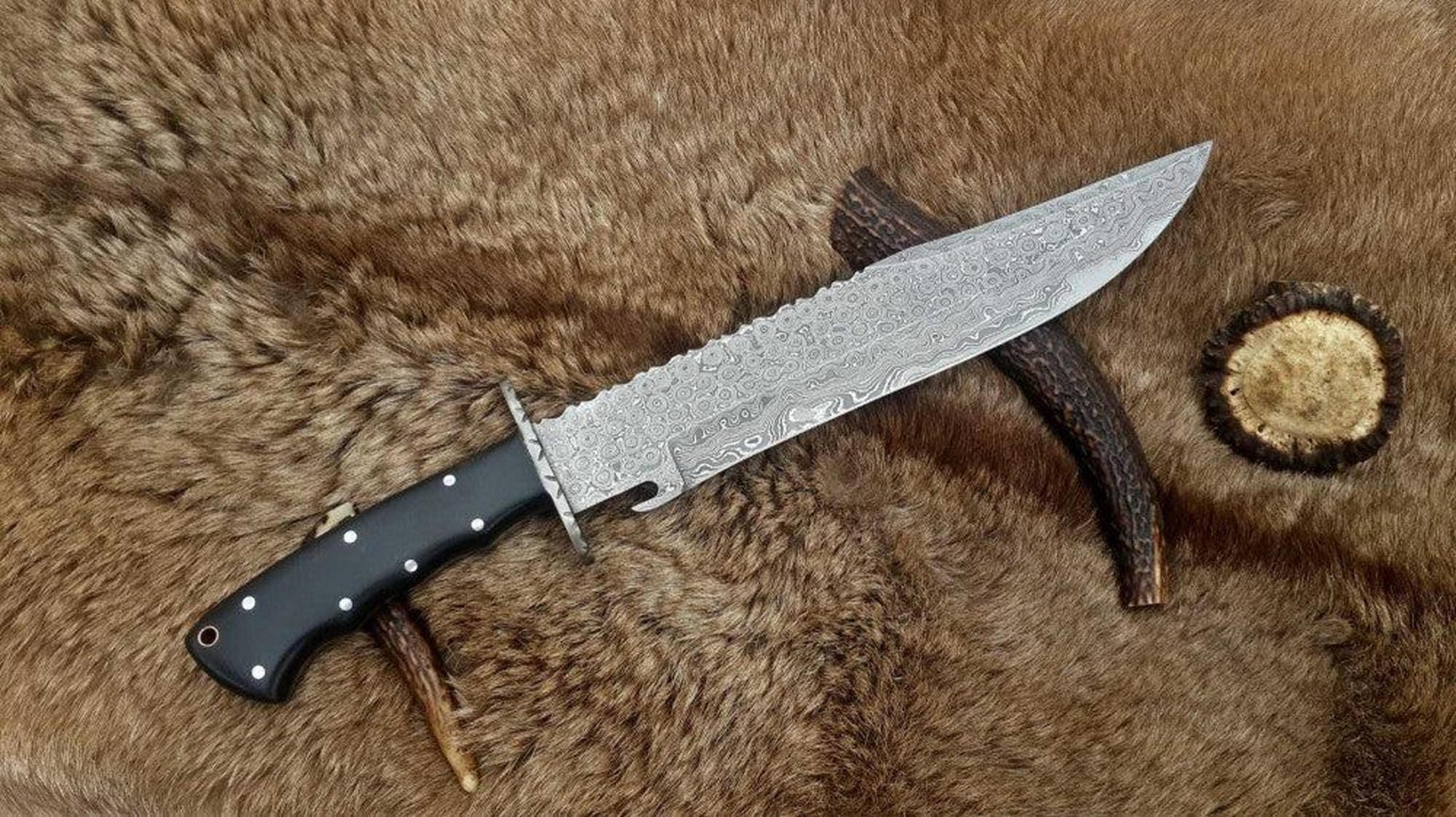 custom handmade damascus hunting knife with micarta handle and leather sheath - high-quality hunting knife for outdoor