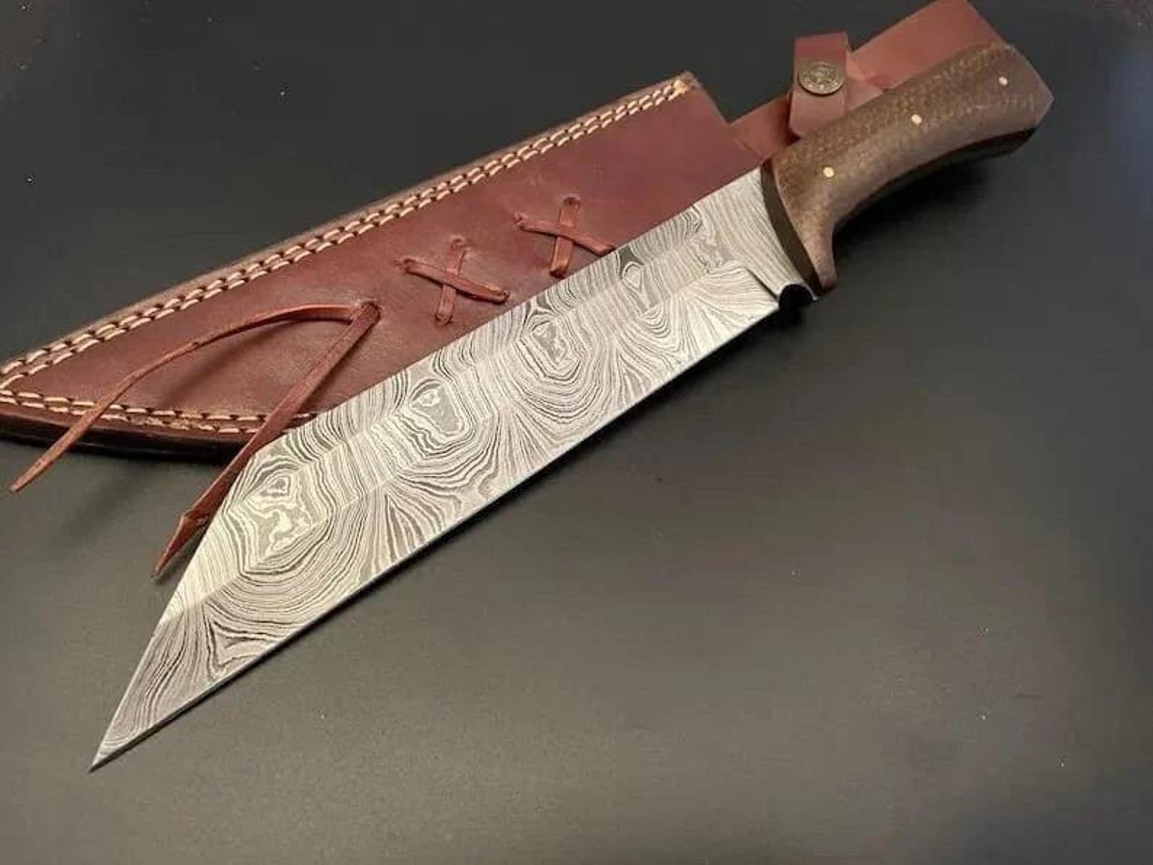 custom handmade hunting knife, hand forged outdoor hunter damascus knife with blade leather sheath
