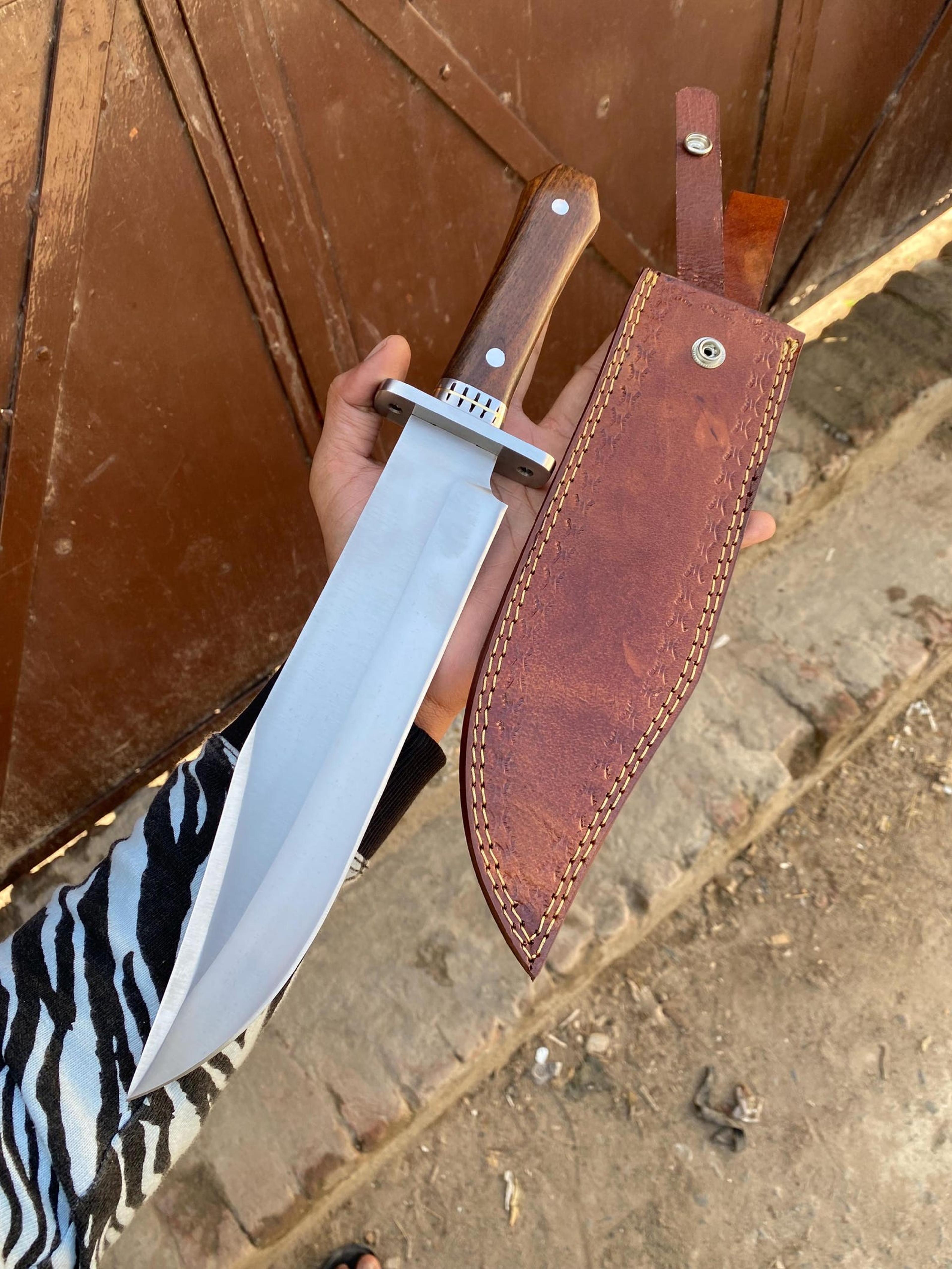 handmade d2 steel hunting bowie knife with rosewood handle and leather sheath - high-quality outdoor blade for hunting