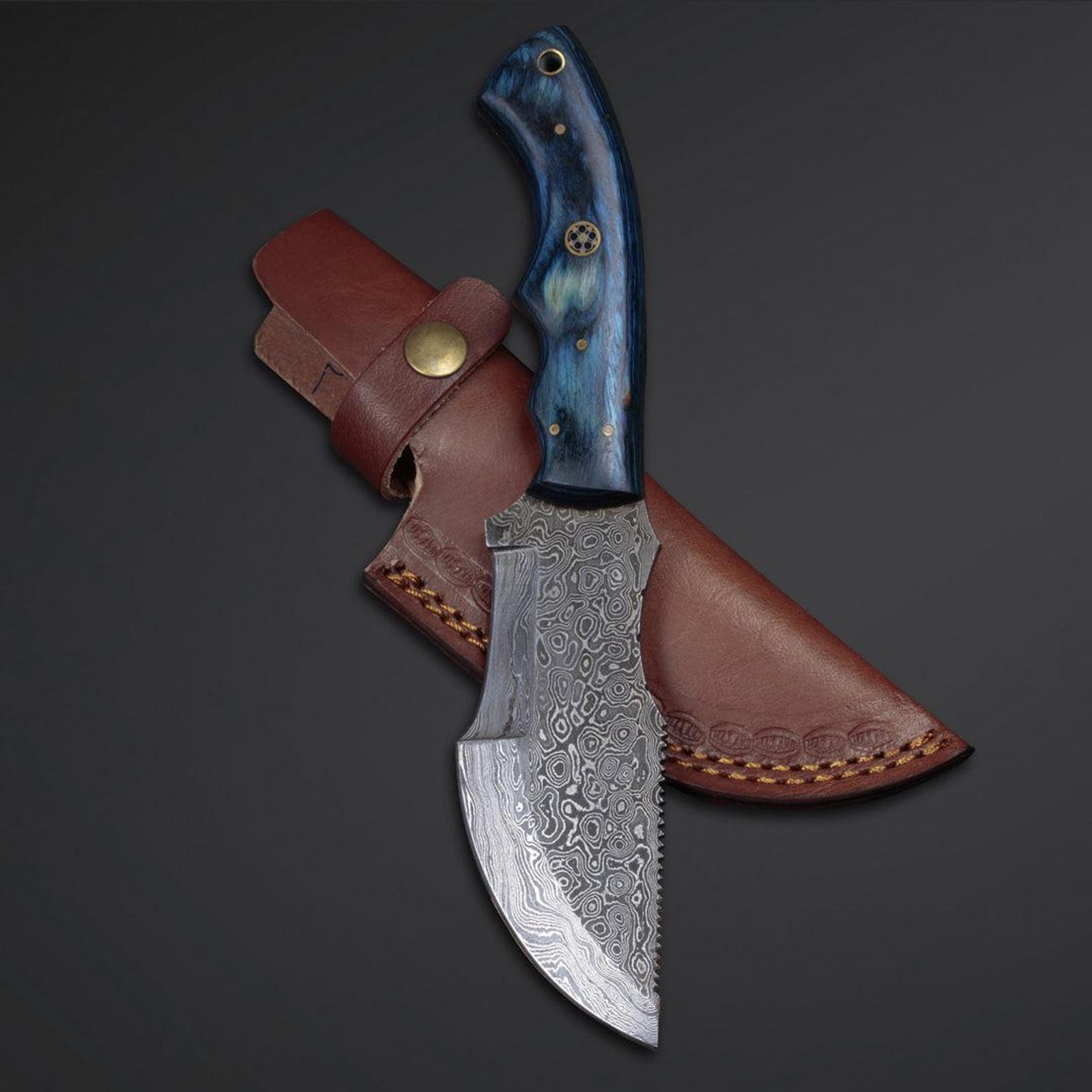 handmade damascus steel tracker knife with blue wood handle and leather sheath - 9.5" overall length