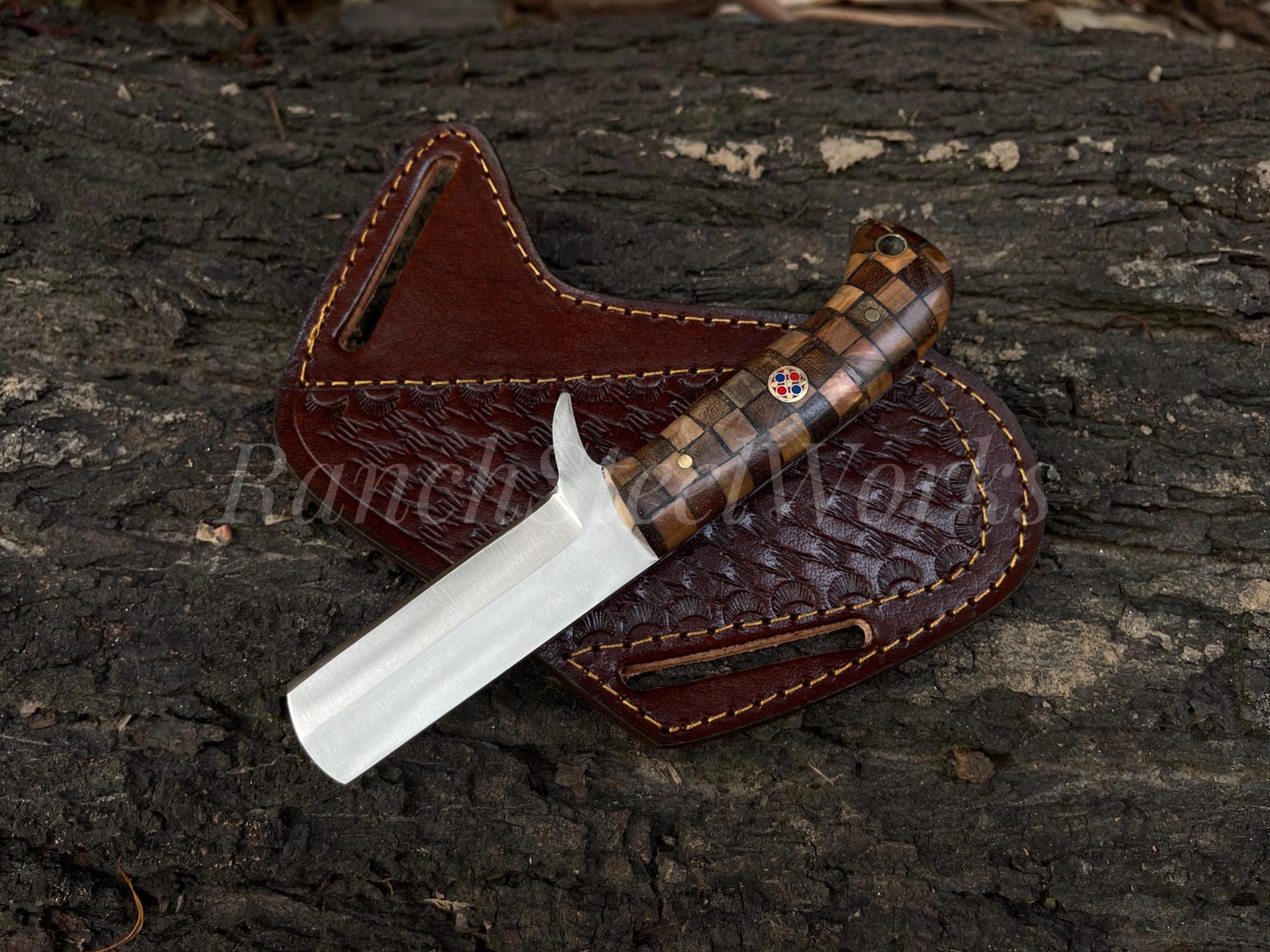 high-quality custom handmade damascus steel bull cutter knife with leather sheath and camel bone handle