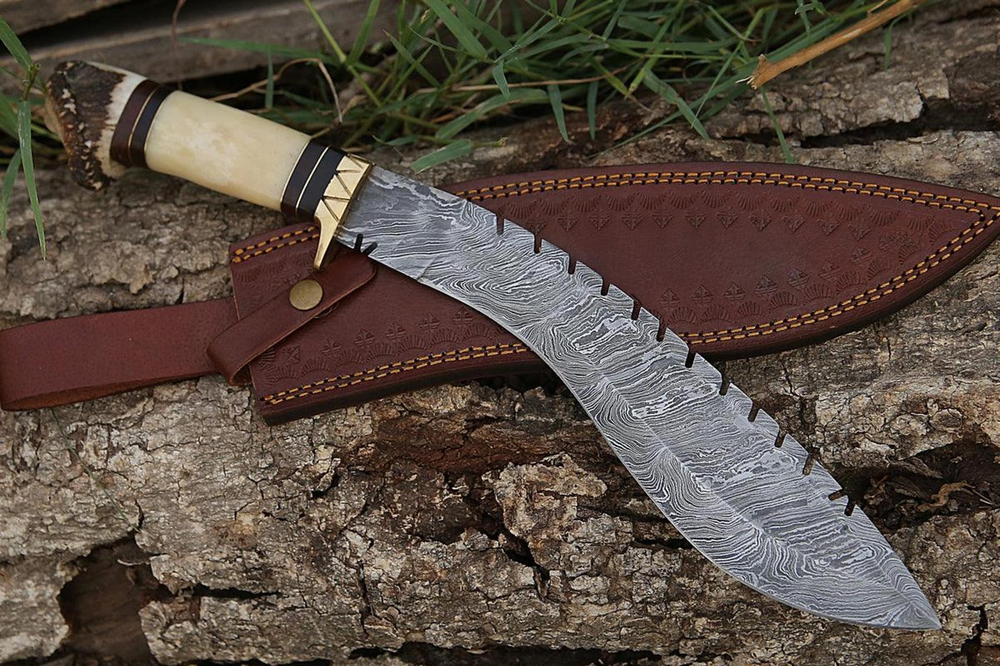authentic handcrafted damascus steel kukri knife with exotic hardwood handle and premium leather sheath