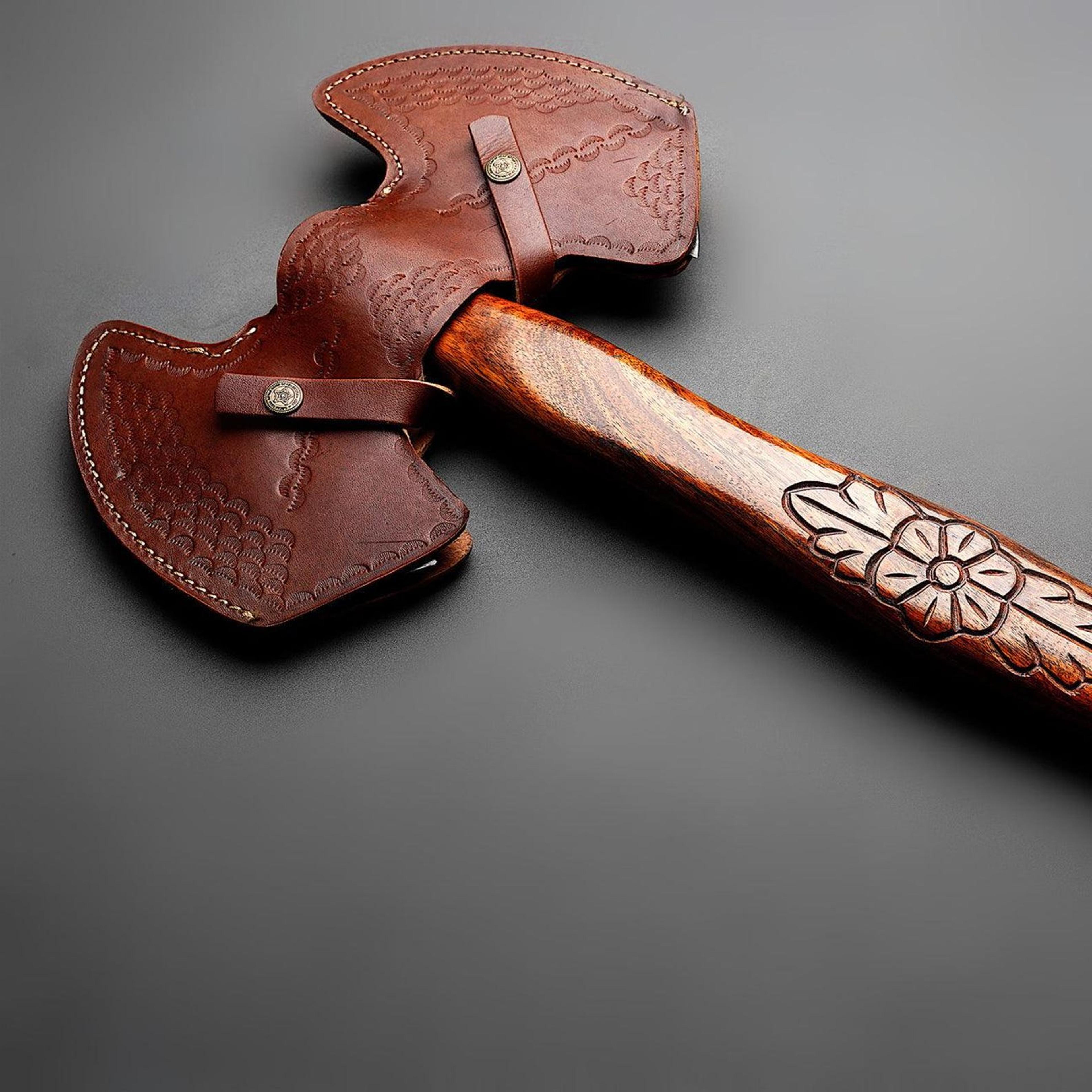high-quality handmade damascus steel axe with rosewood handle and leather sheath for outdoor enthusiasts and collectors