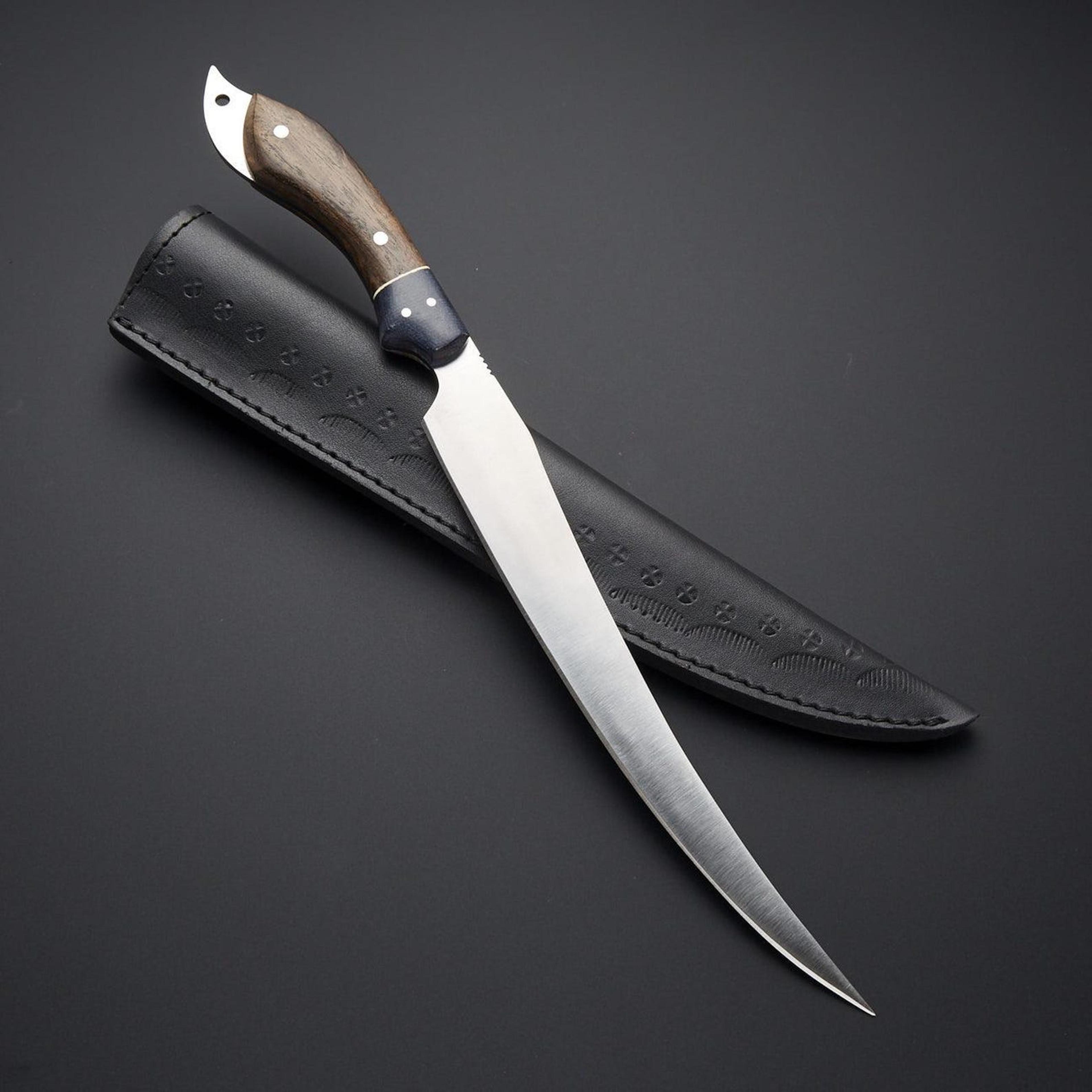 handmade d2 steel fillet knife with rosewood handle and leather sheath - premium fillet knife for fishermen and chefs