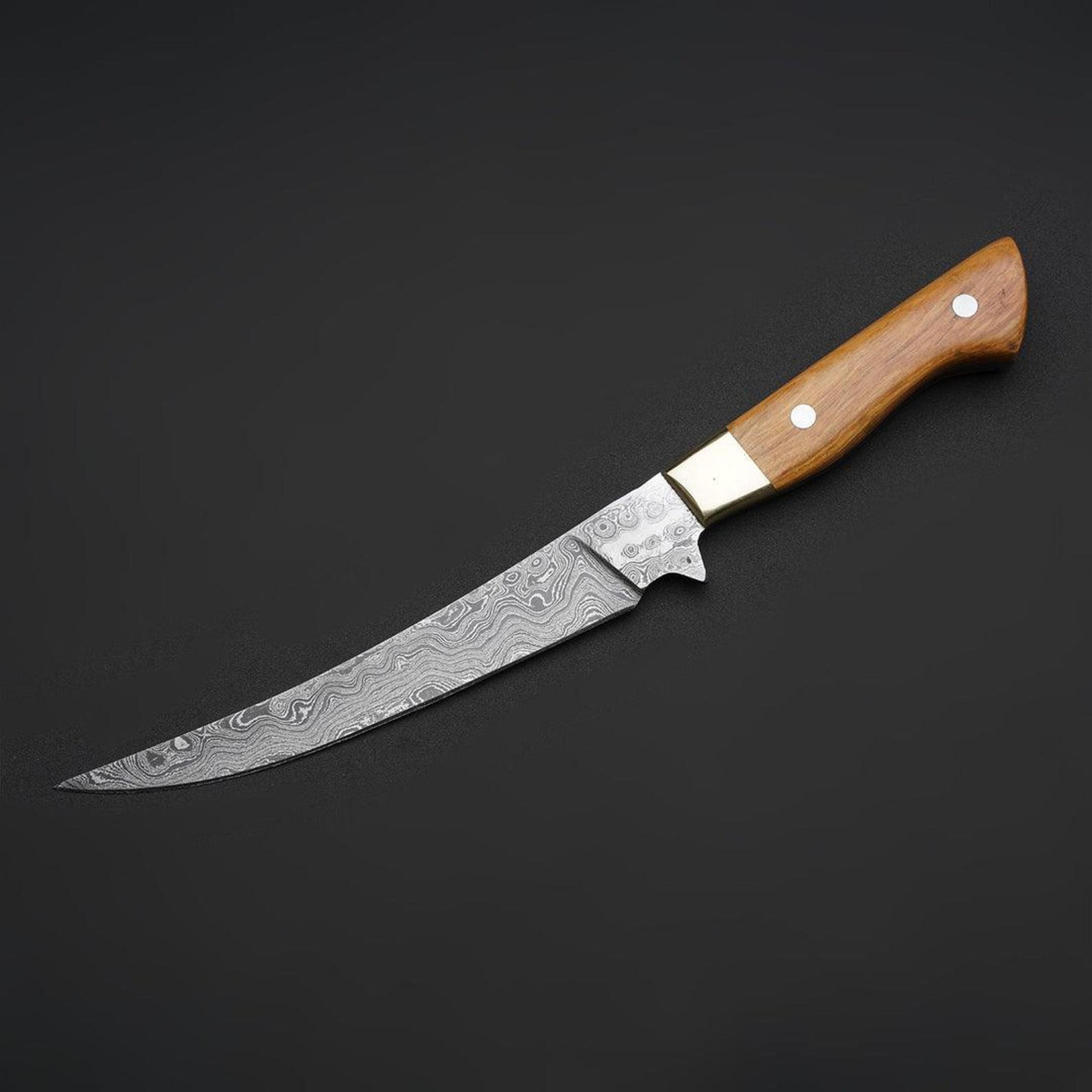 high-quality handmade damascus steel fillet knife with olive wood handle and leather sheath for professional chefs