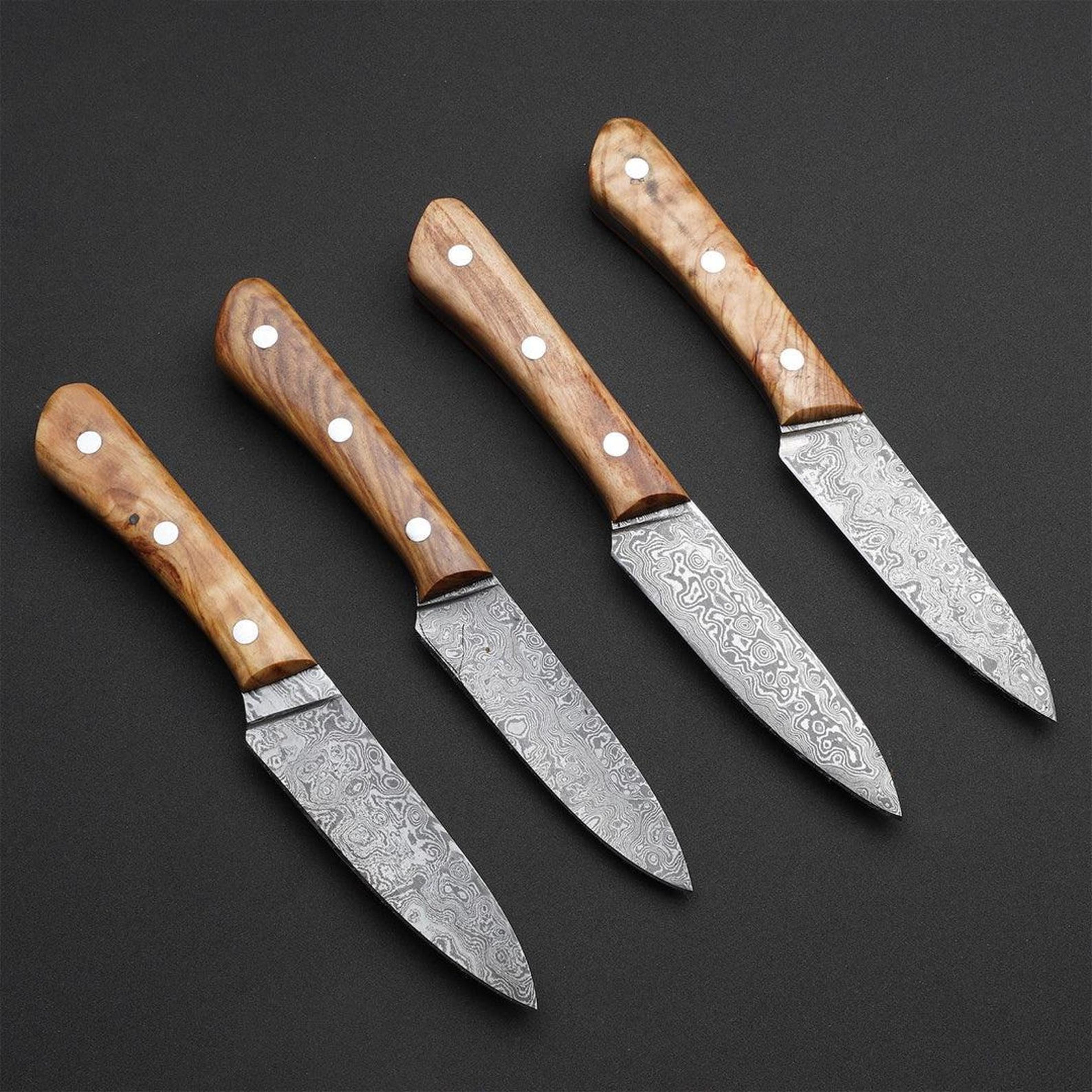 handcrafted 4-piece damascus steel steak knife set with olive wood handles for steak lovers - perfect gift idea