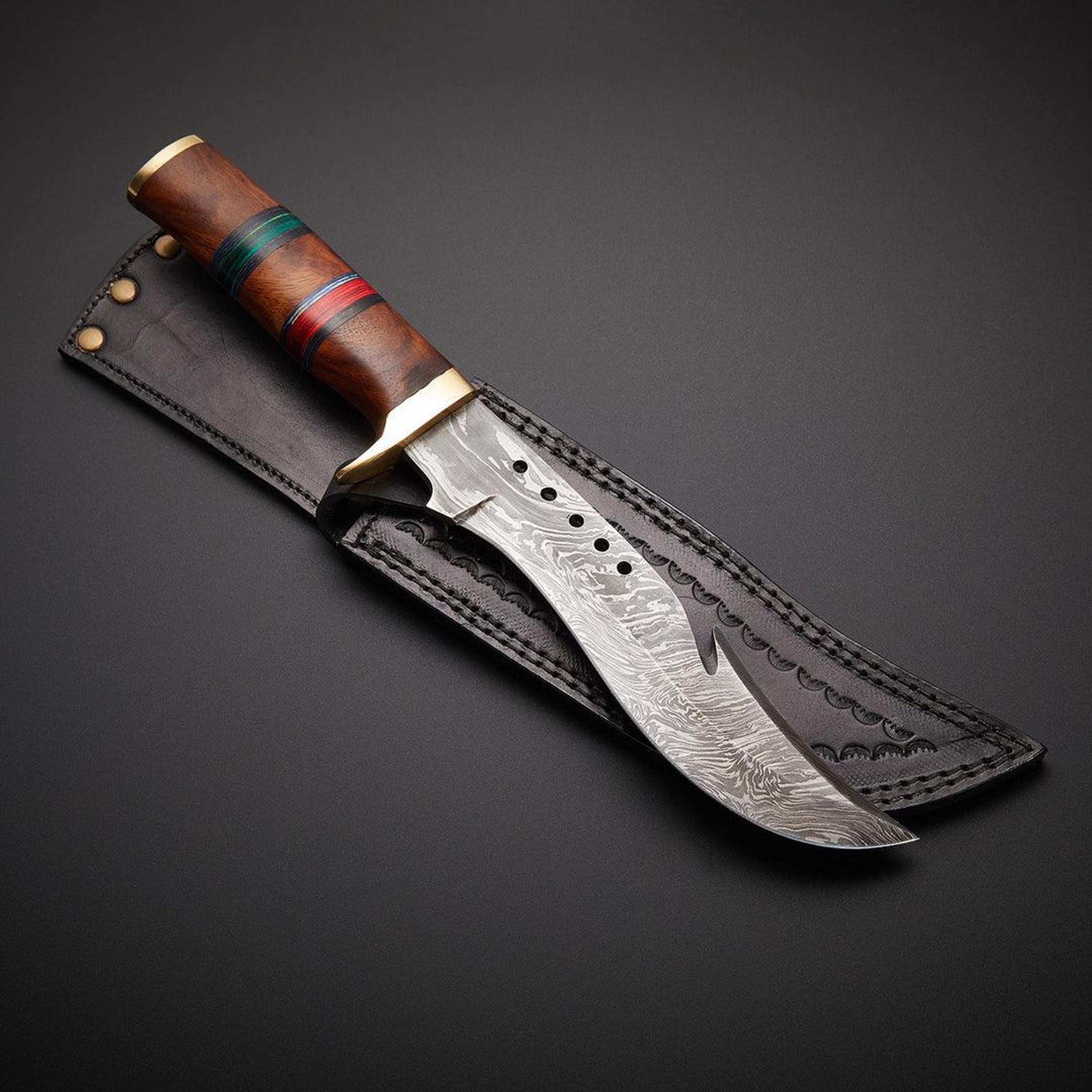 handcrafted damascus steel trapper knife with rosewood handle and leather sheath - perfect for bushcraft and hunting