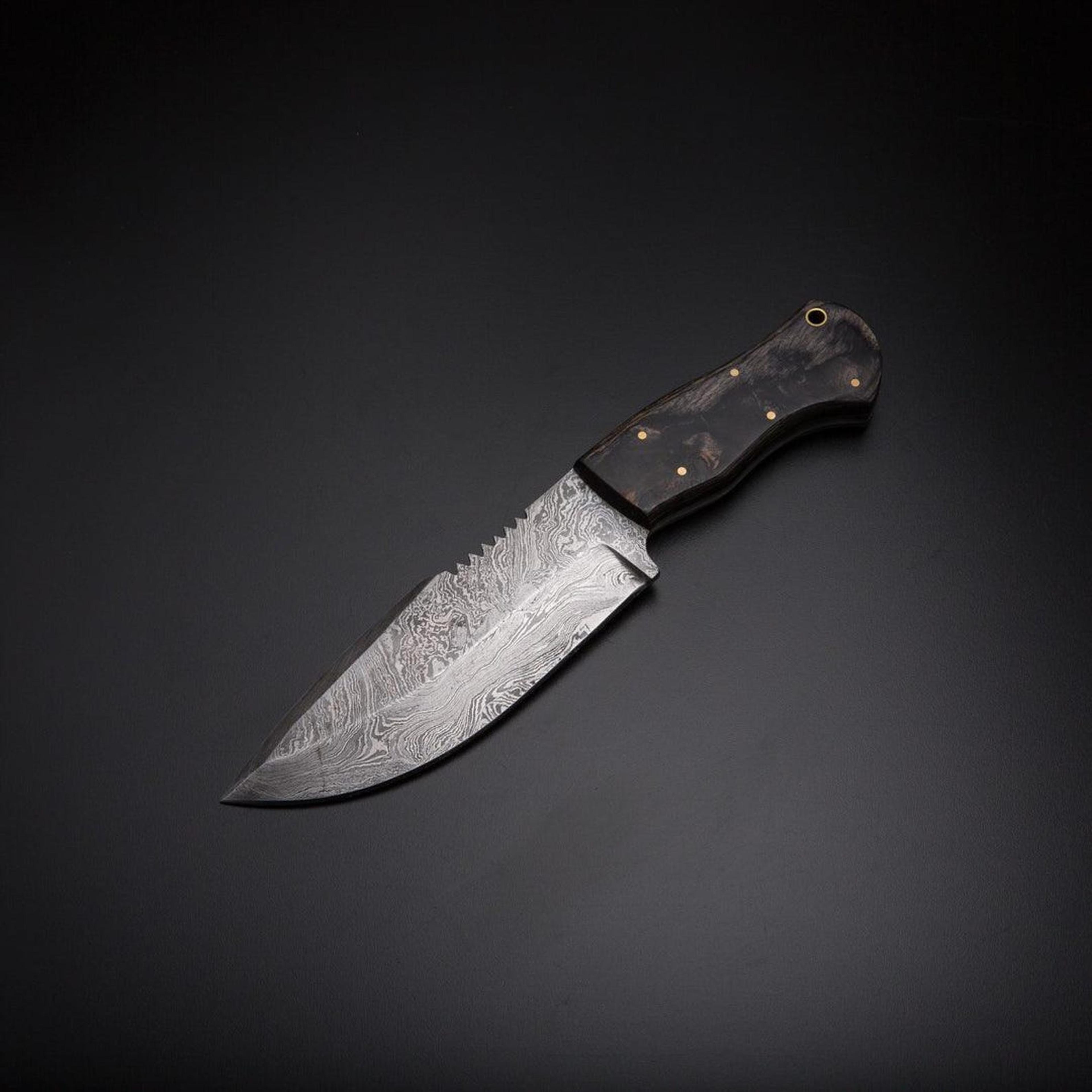 custom handmade guthook skinner knife with damascus steel blade, hardwood handle, and leather sheath