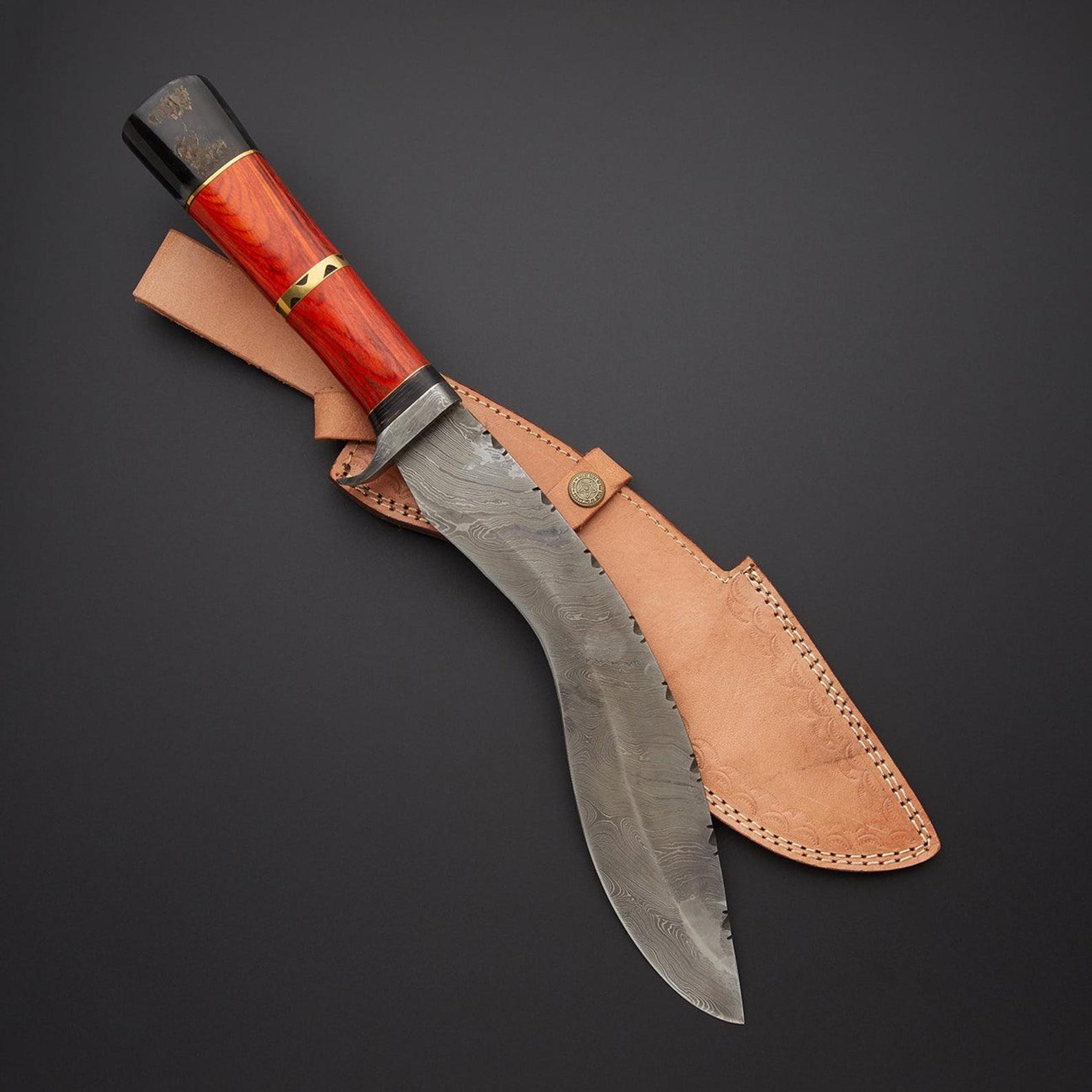 high-quality custom handmade d2 steel fixed blade kukri knife with wooden handle and leather sheath
