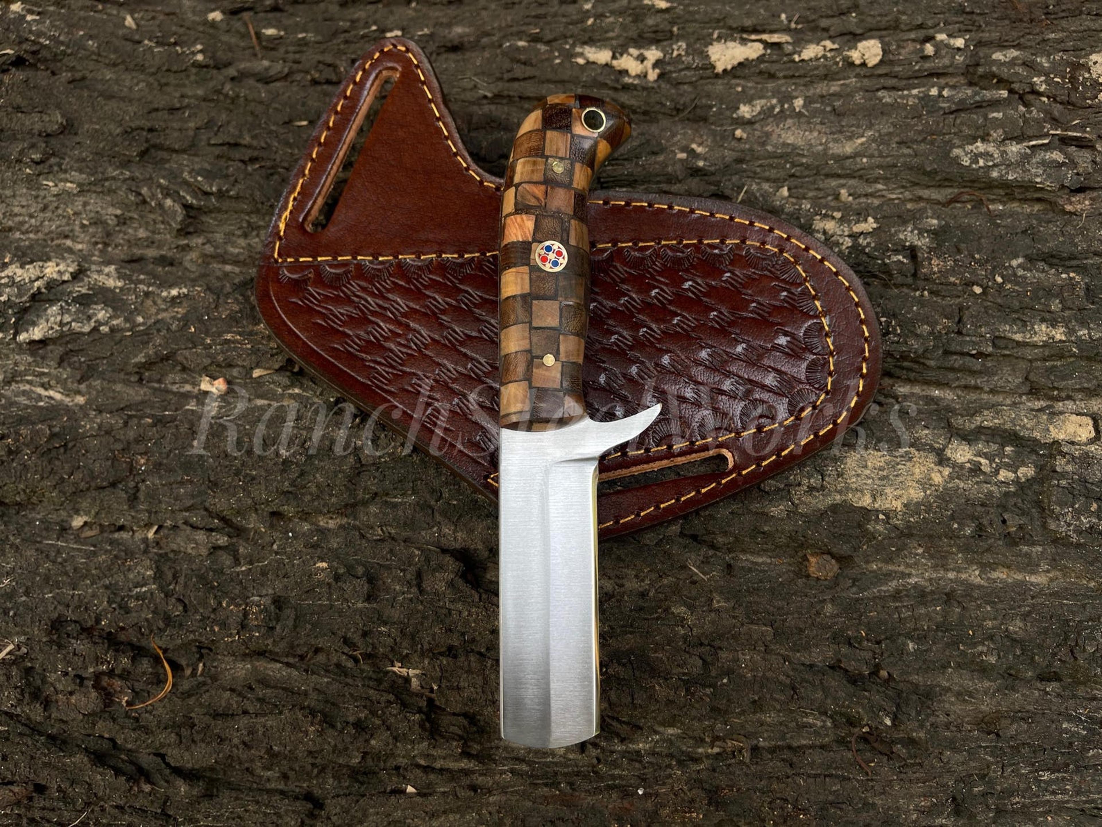 hand forged d2 steel bull cutter knife with leather sheath - custom handmade cowboy bull cutter knife