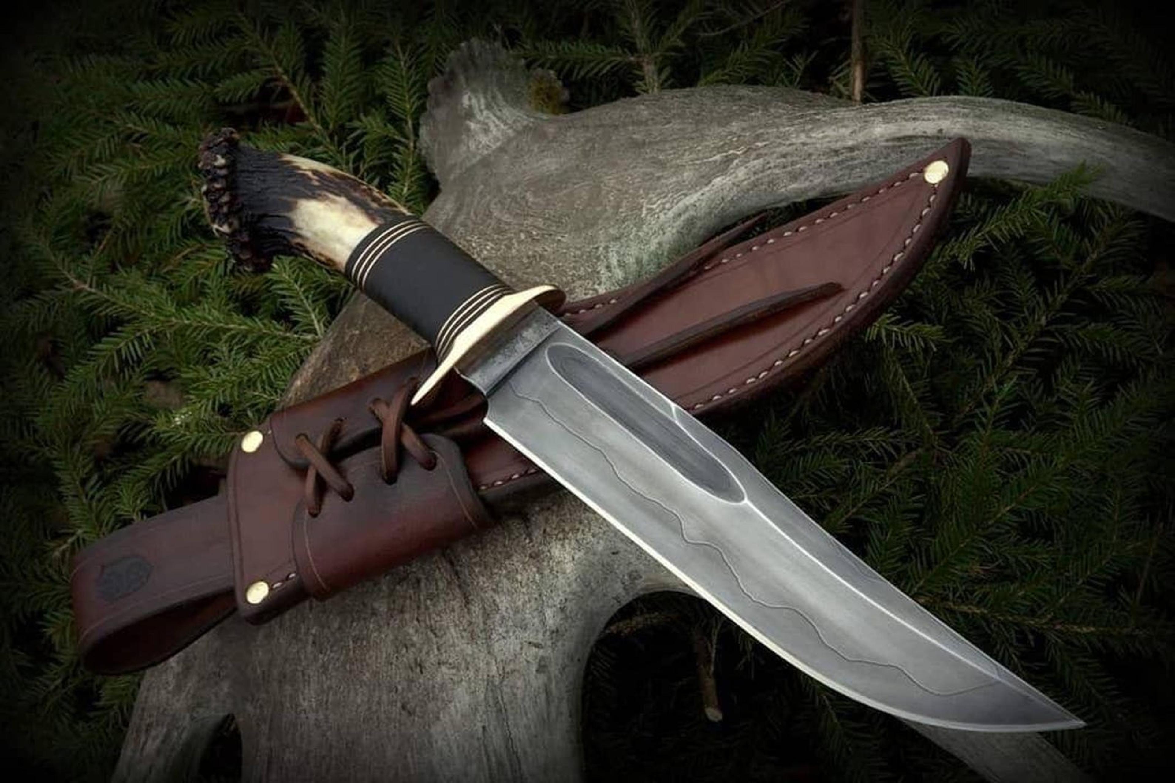 hand forged antique bronze bowie knife with elk antler handle and leather sheath - unique gift for him