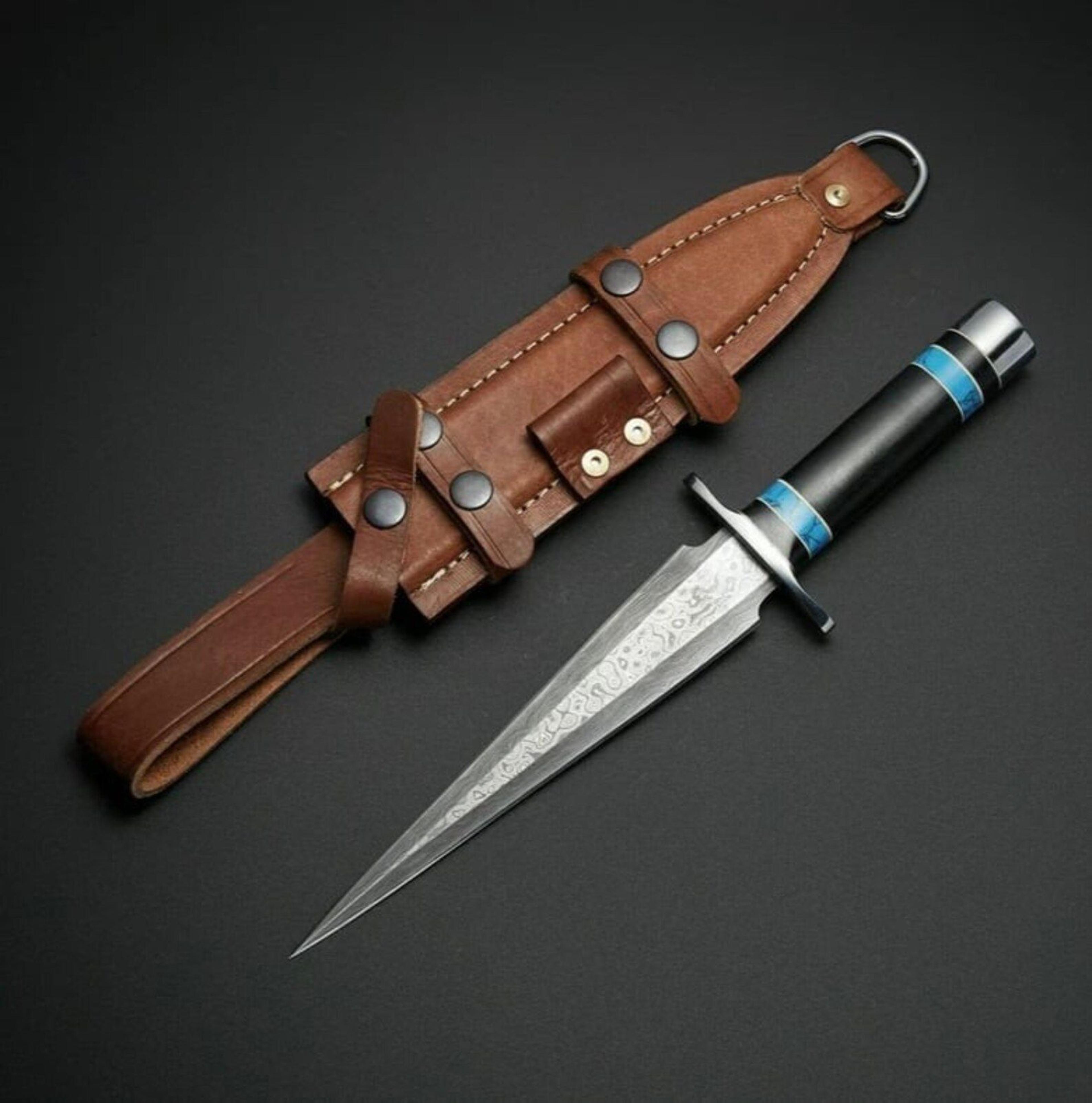 handmade damascus dagger knife with leather sheath | double edge fixed blade hunting survival knife