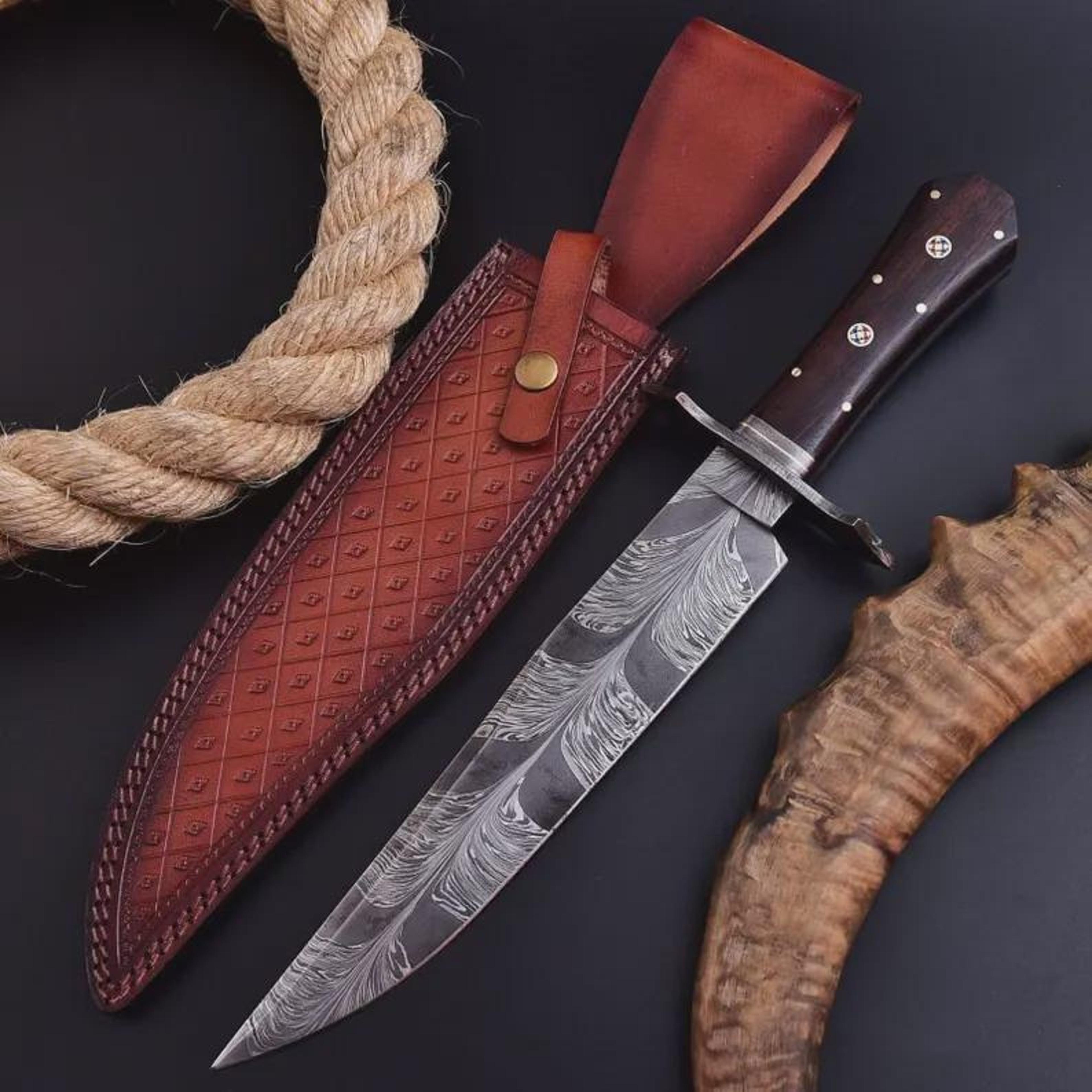 handcrafted damascus steel bowie knife with rosewood handle & leather sheath – artisan hunting knife for collectors