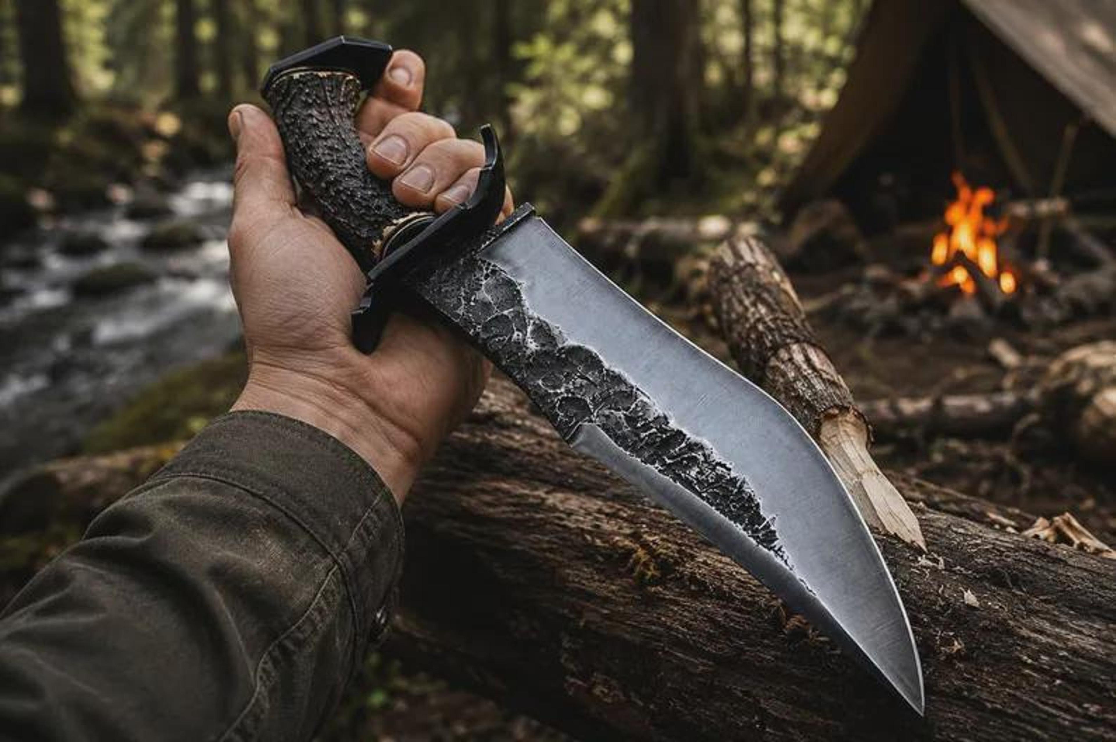 handcrafted high carbon steel bowie knife with stag antler handle & leather sheath – frontier hunting knife for collecto