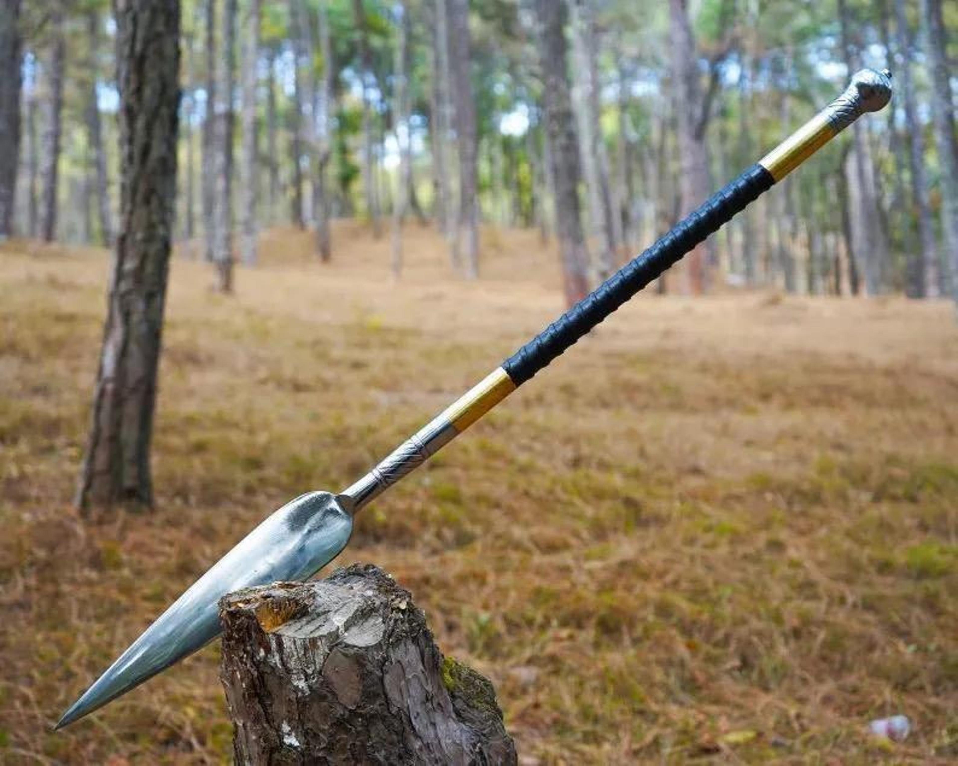 handcrafted forged steel hunting spear with leather-wrapped shaft – traditional throwing spear for historical collection