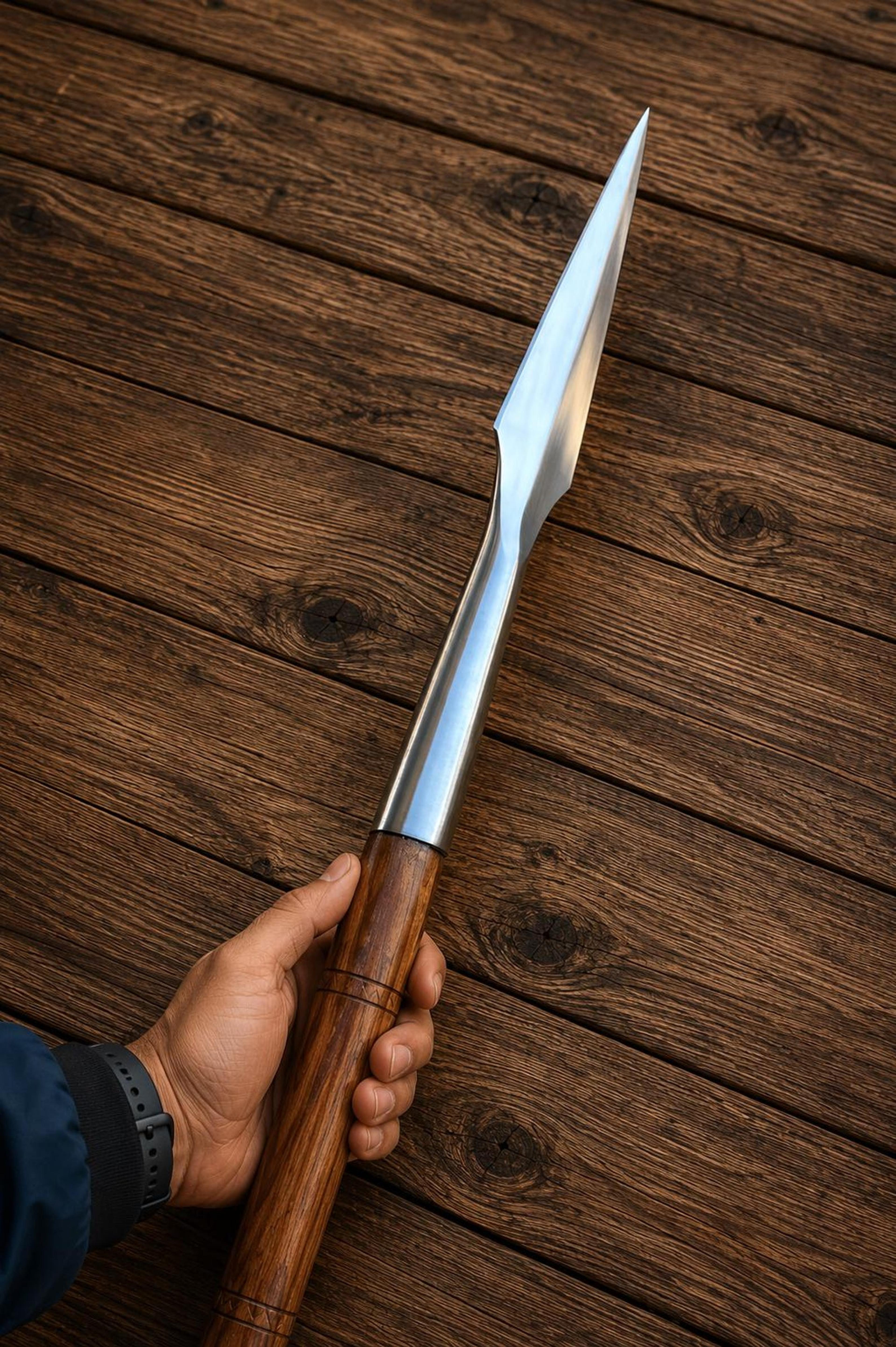 artisan forged medieval spear with wooden pole and steel spearhead – knight display piece & heritage collection