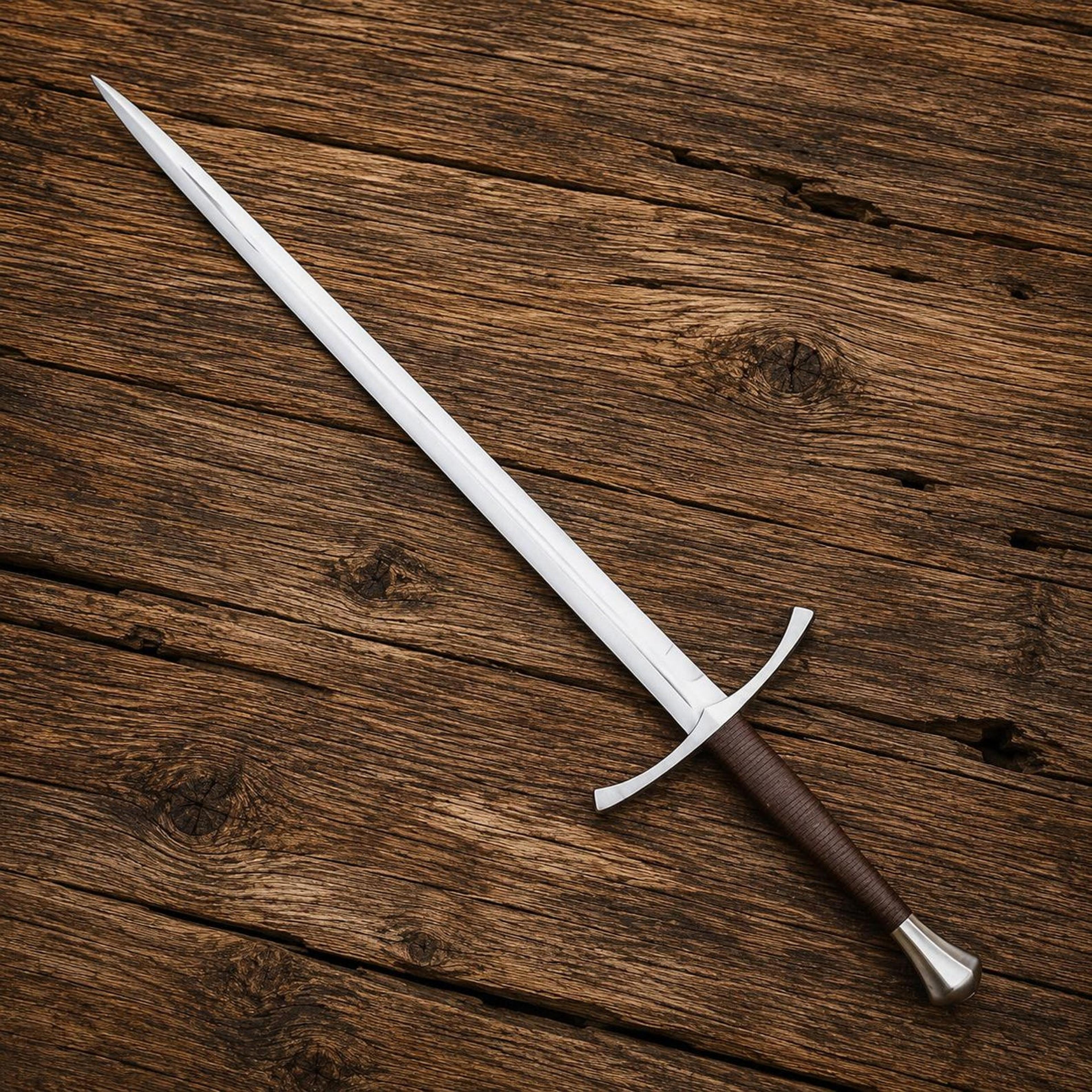 handcrafted medieval longsword with high carbon steel blade, leather grip & embossed leather scabbard