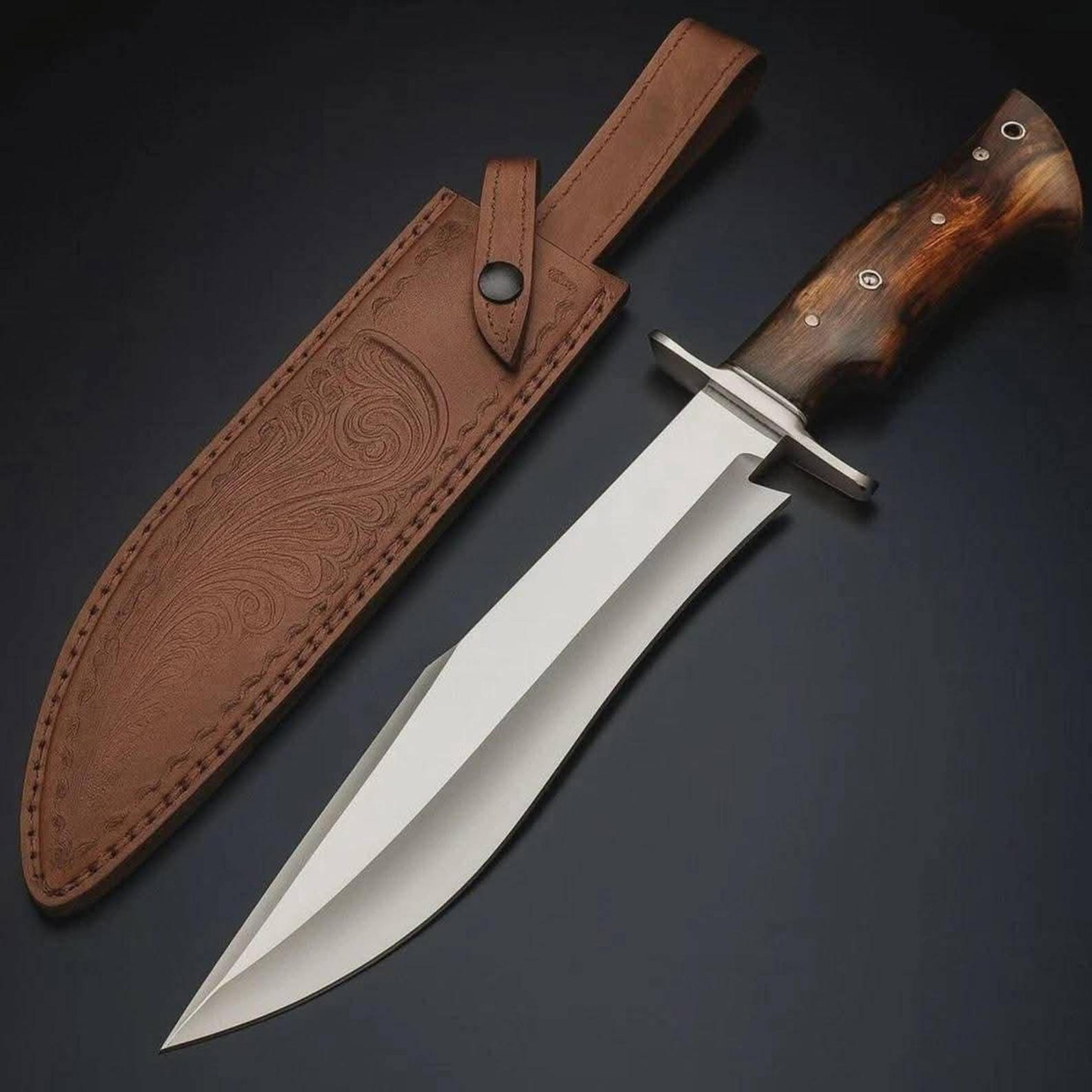 handcrafted high carbon steel bowie knife with exotic hardwood handle & tooled leather sheath | hunter gift