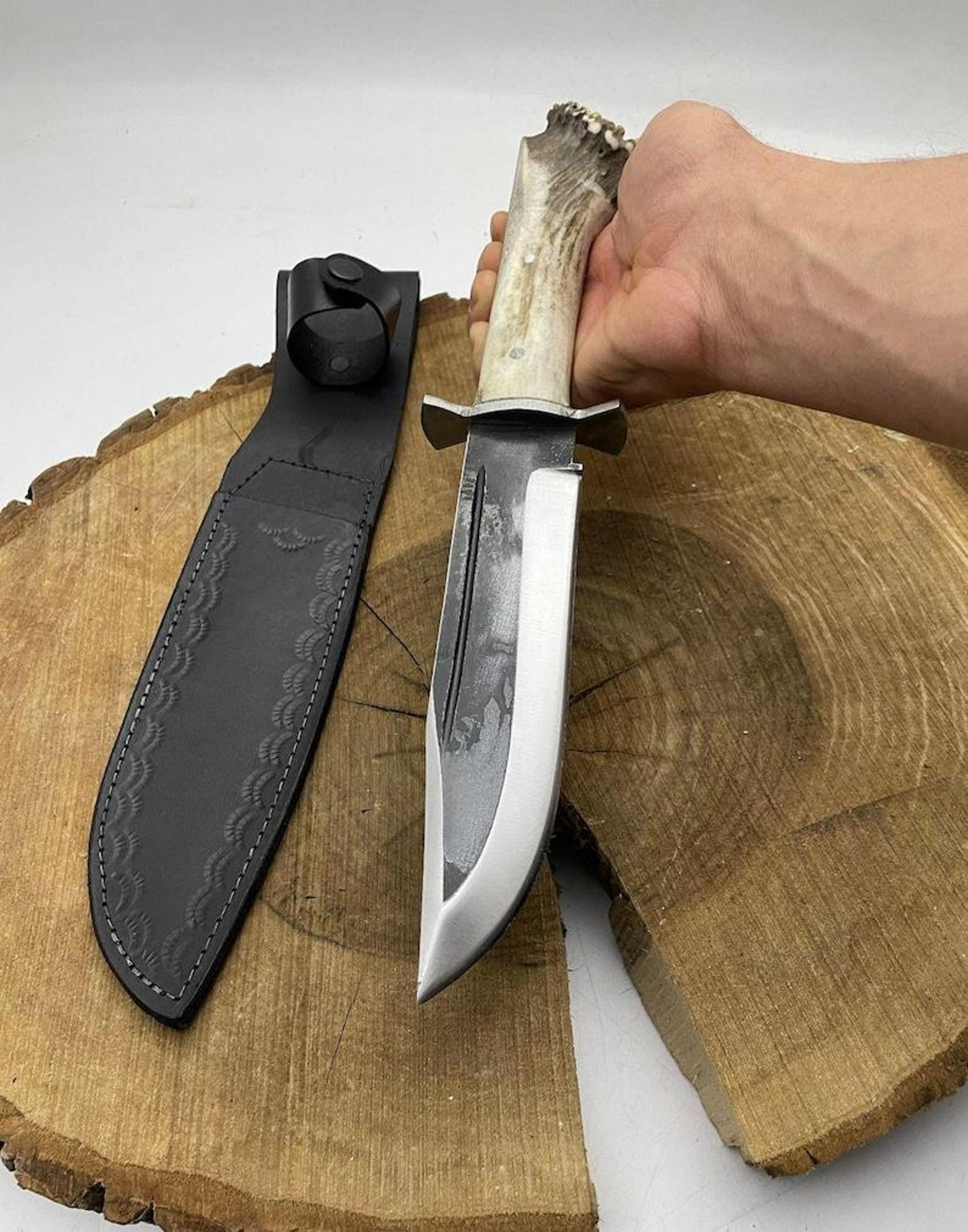 handcrafted high carbon steel bowie knife with natural stag antler handle & leather sheath for hunting gift