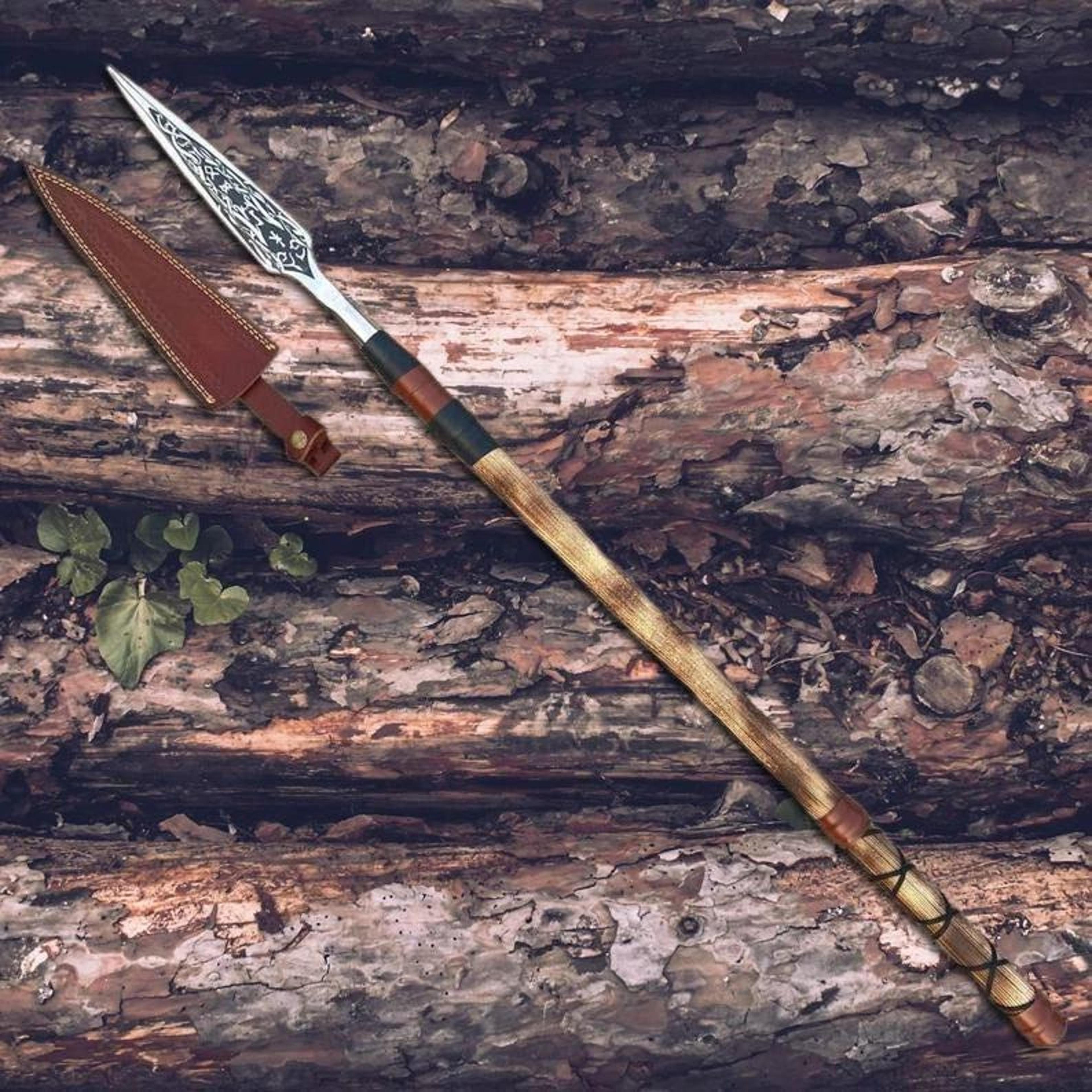 forged medieval throwing spear with engraved steel spearhead, hardwood shaft & leather head cover | hunter gift