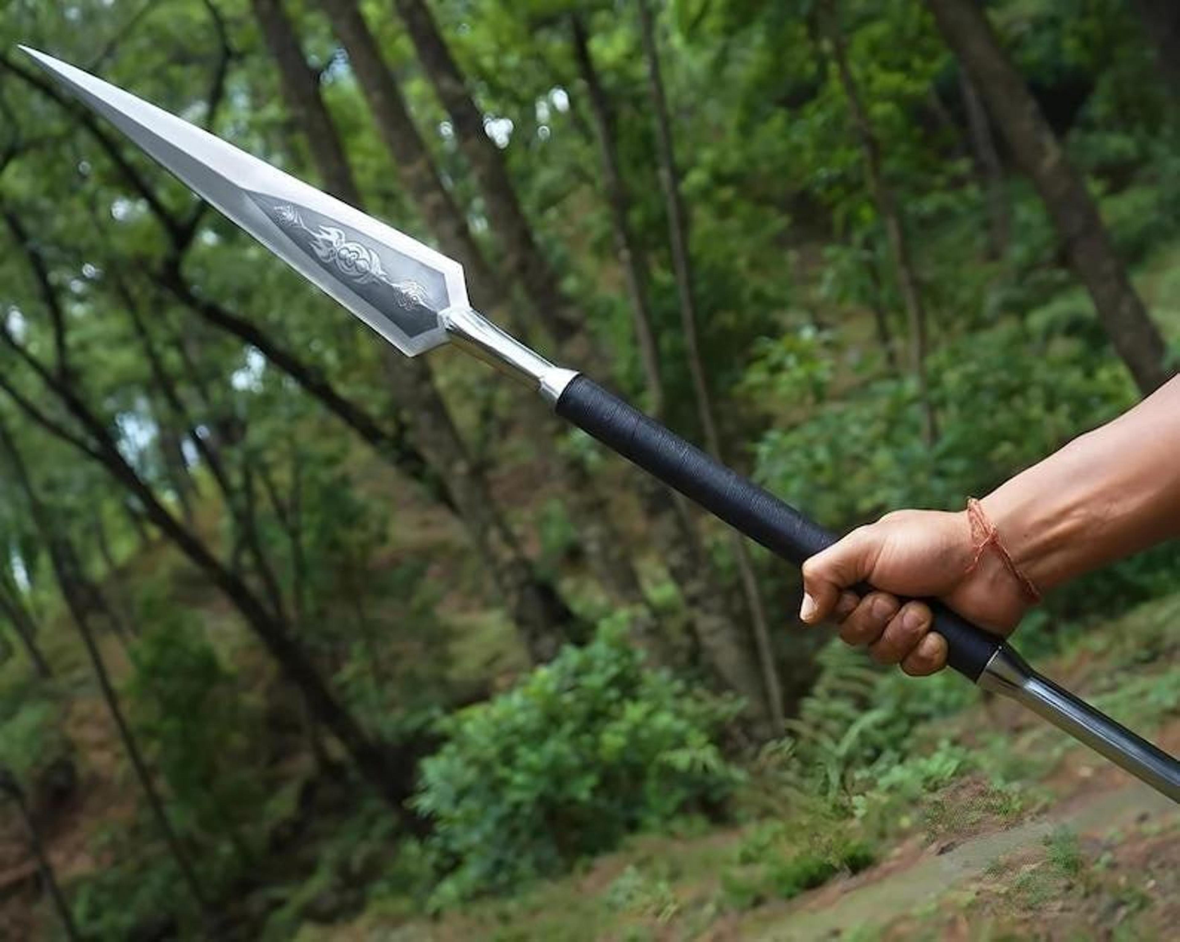handmade medieval war spear with high carbon steel leaf blade, hardwood shaft & leather head cover | husband gift