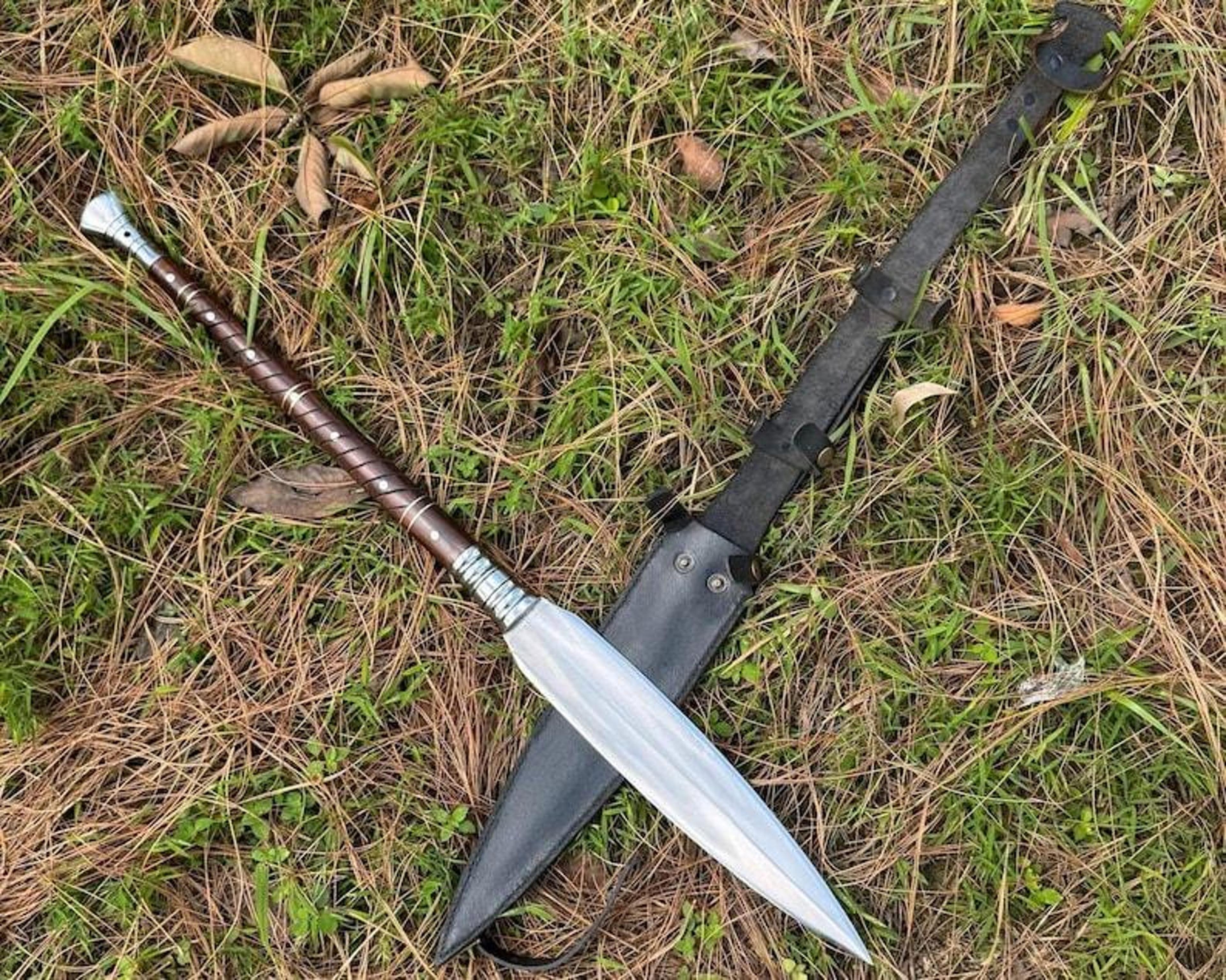 forged high carbon steel broadhead spear with hardwood shaft & leather head guard for historical gift | husband