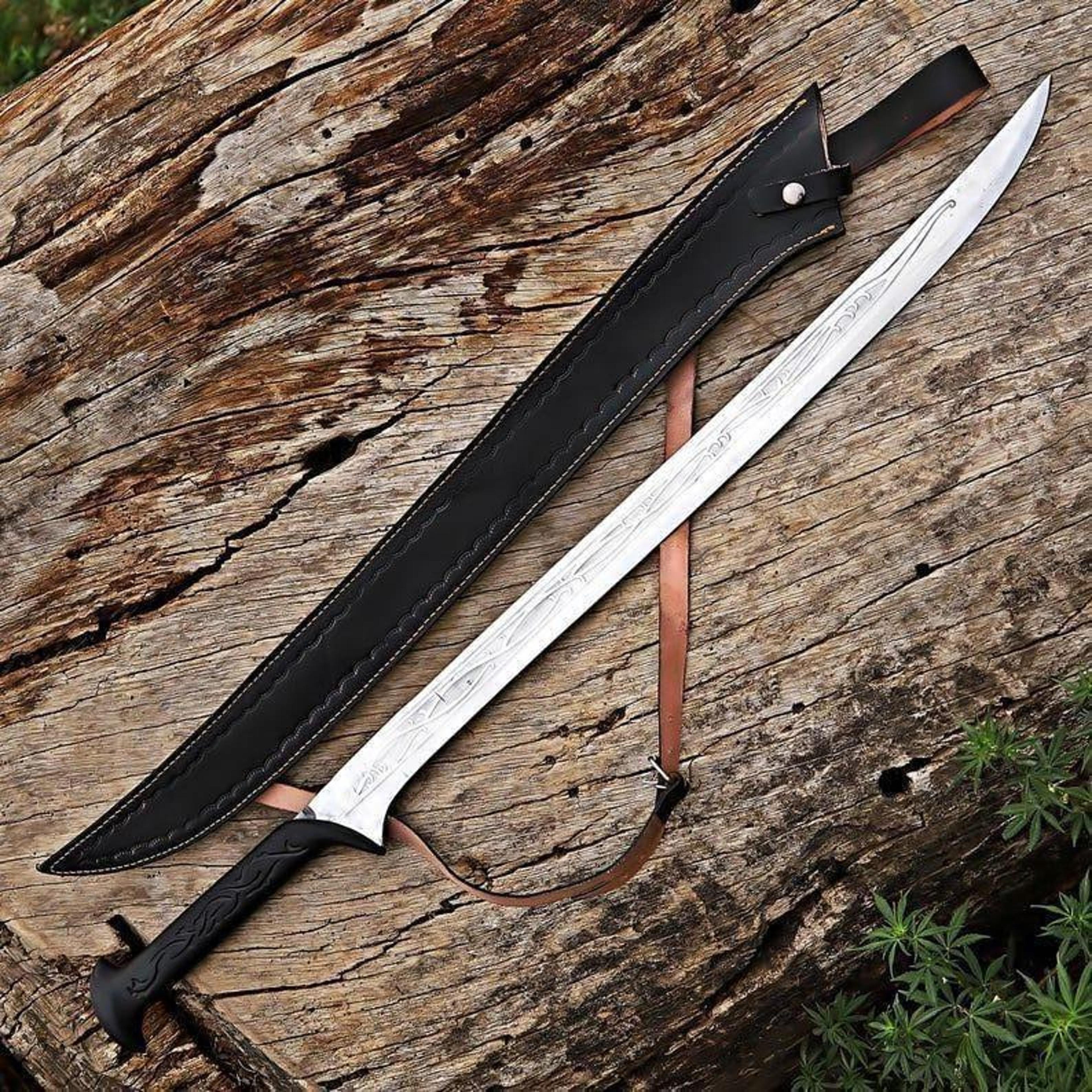 forged high carbon steel persian shamshir sword with engraved blade & leather scabbard for collectors sword