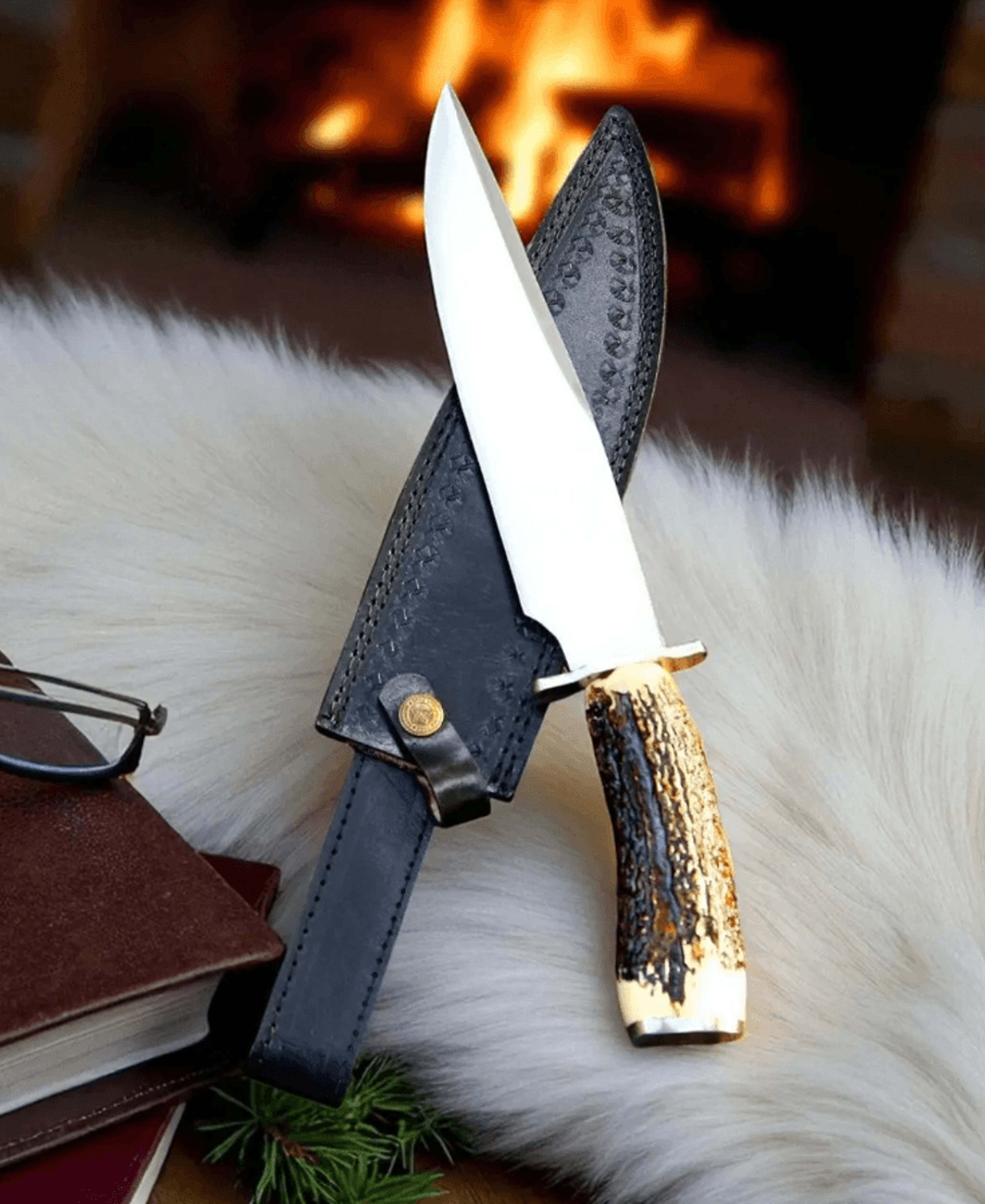 handmade d2 steel bowie knife | stag horn handle & brass guard | leather sheath included