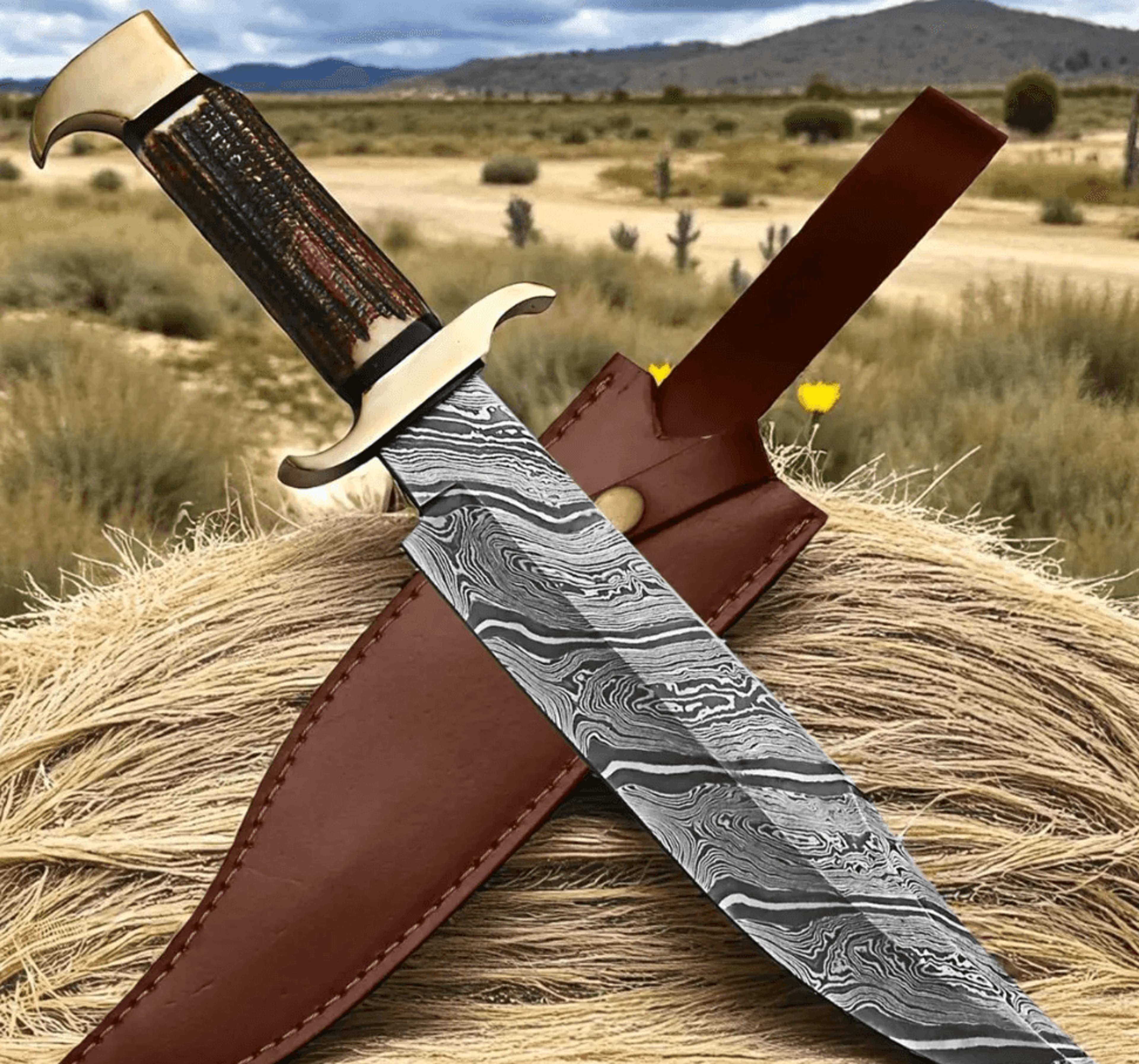 18" handmade snake damascus steel bowie knife | deer horn handle | custom full tang hunting & survival knife