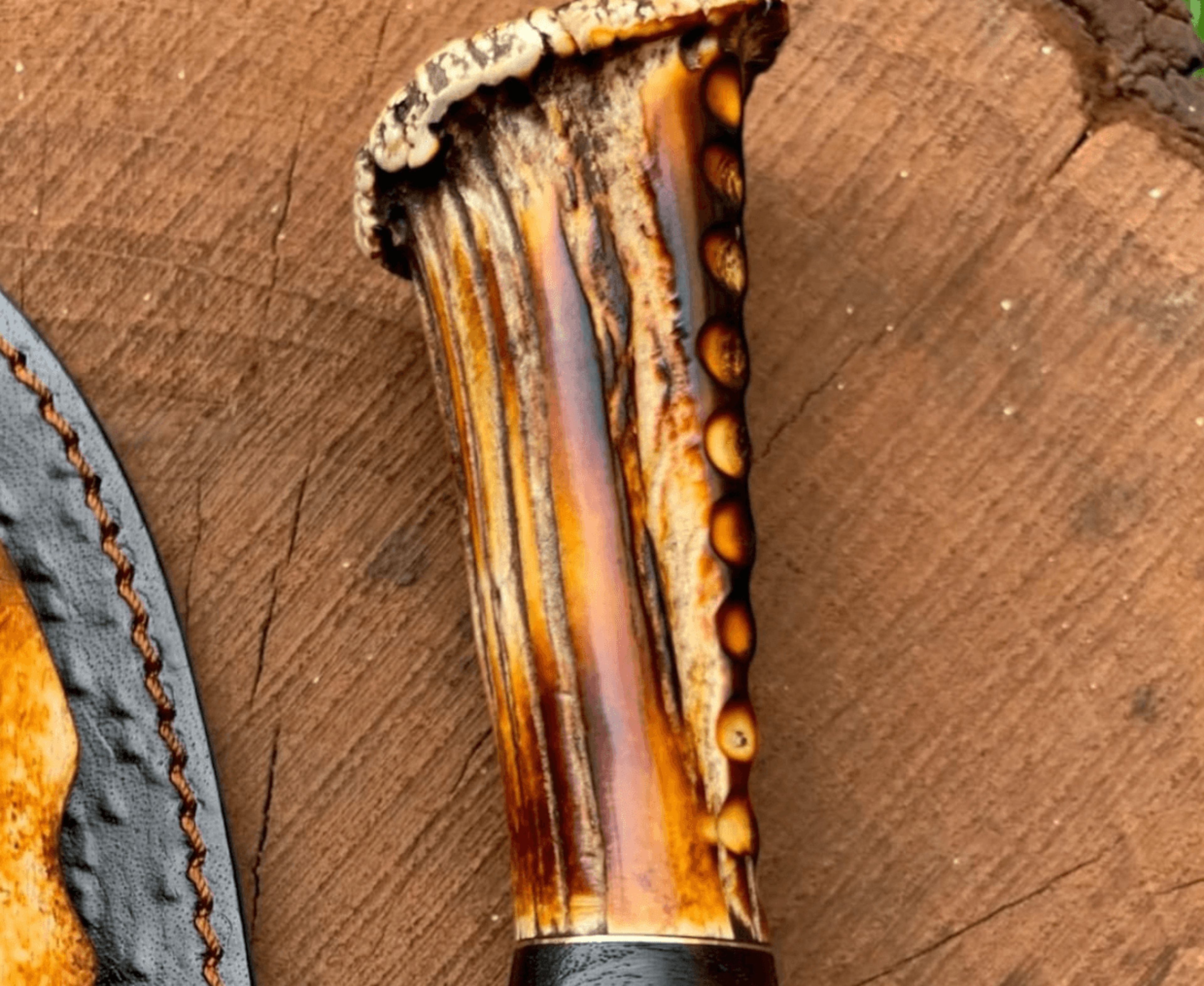 hand-forged hunting knife | genuine deer antler handle + hammered steel blade & leather sheath | custom outdoor & surviv