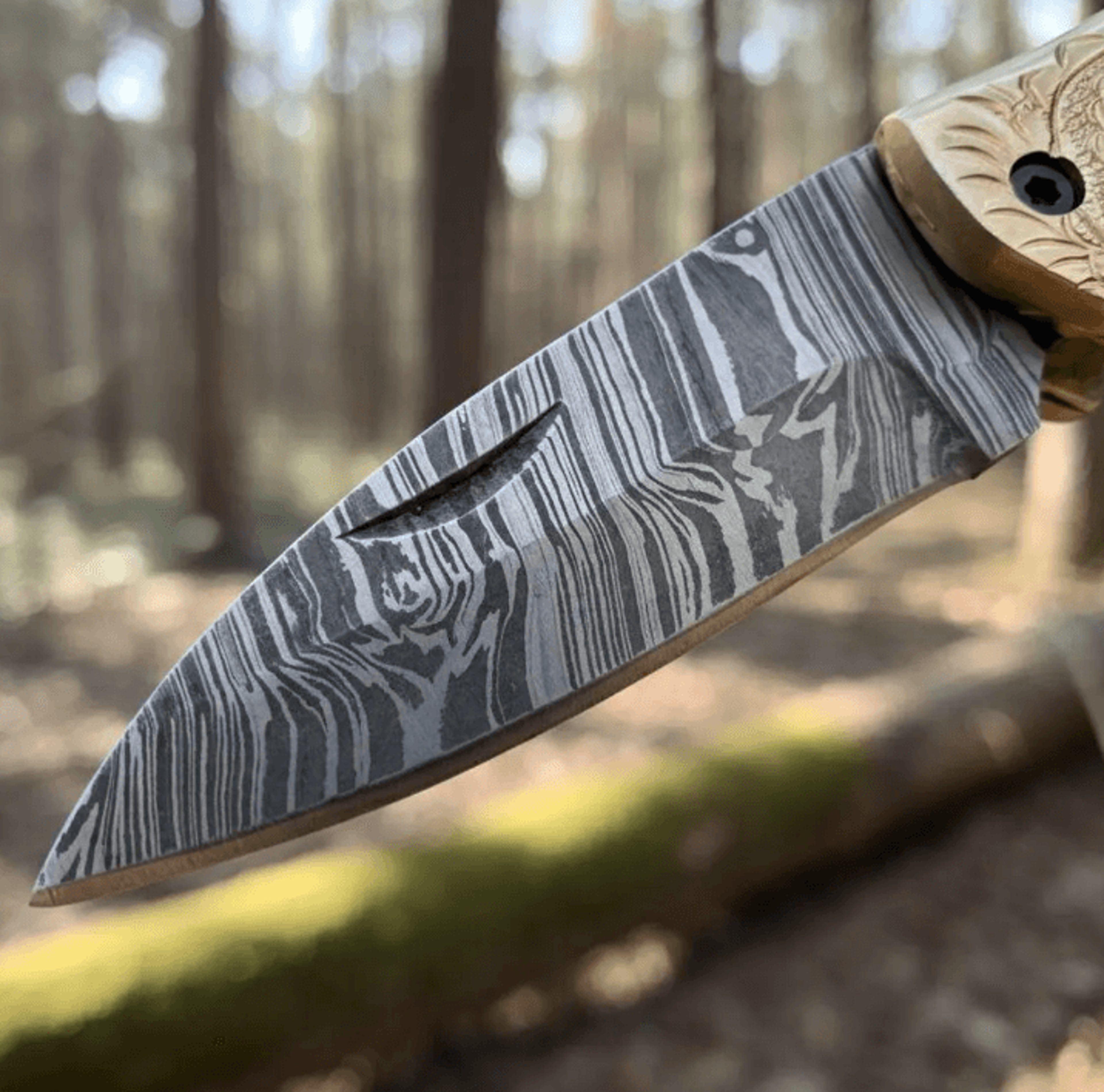custom damascus steel folding knife set | blue turquoise handle + brass bolsters | engraved pocket knives & leather shea