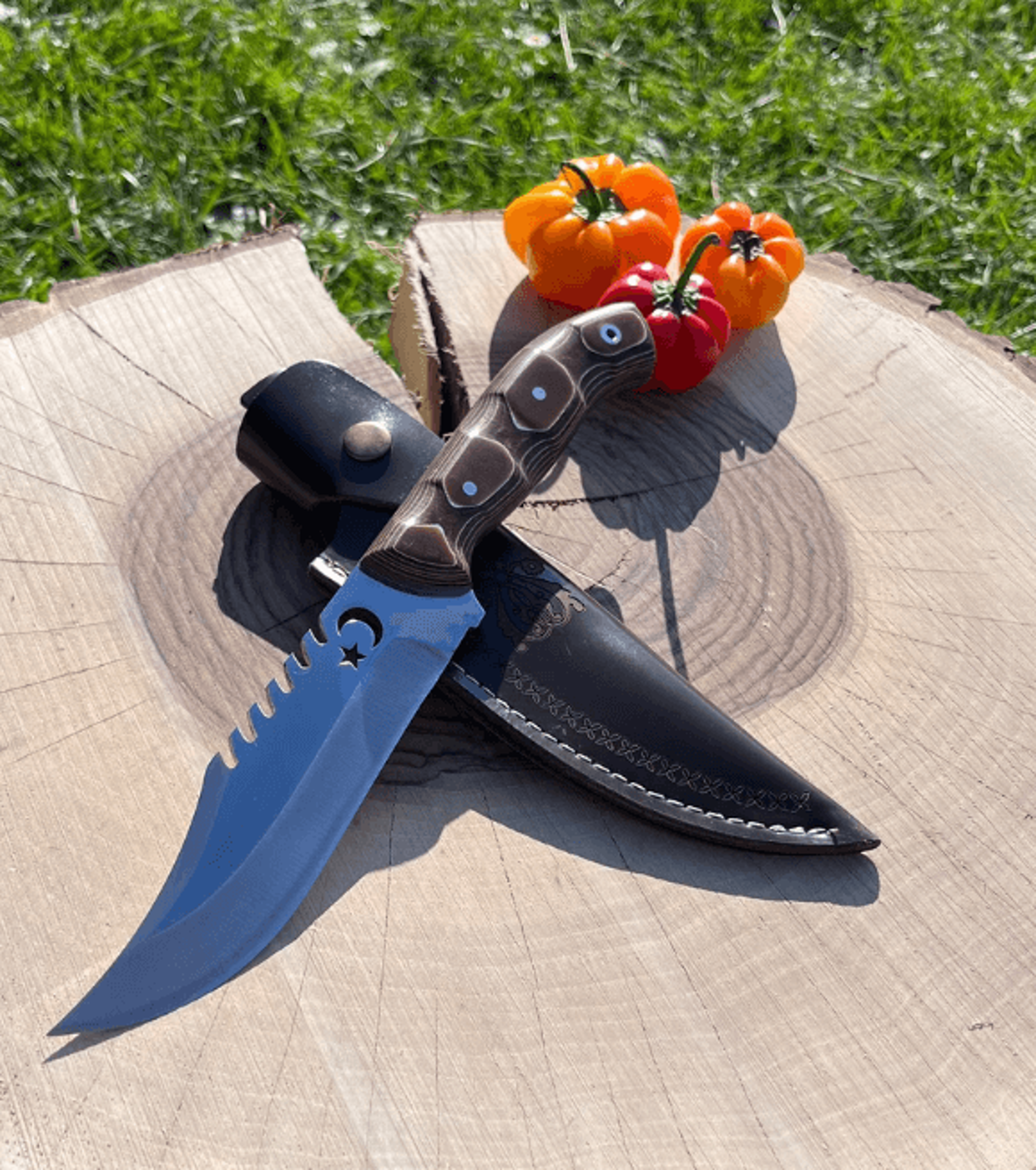 handmade engraved stainless steel knife | custom etched blade + walnut grip | leather sheath | outdoor hunting & gift kn