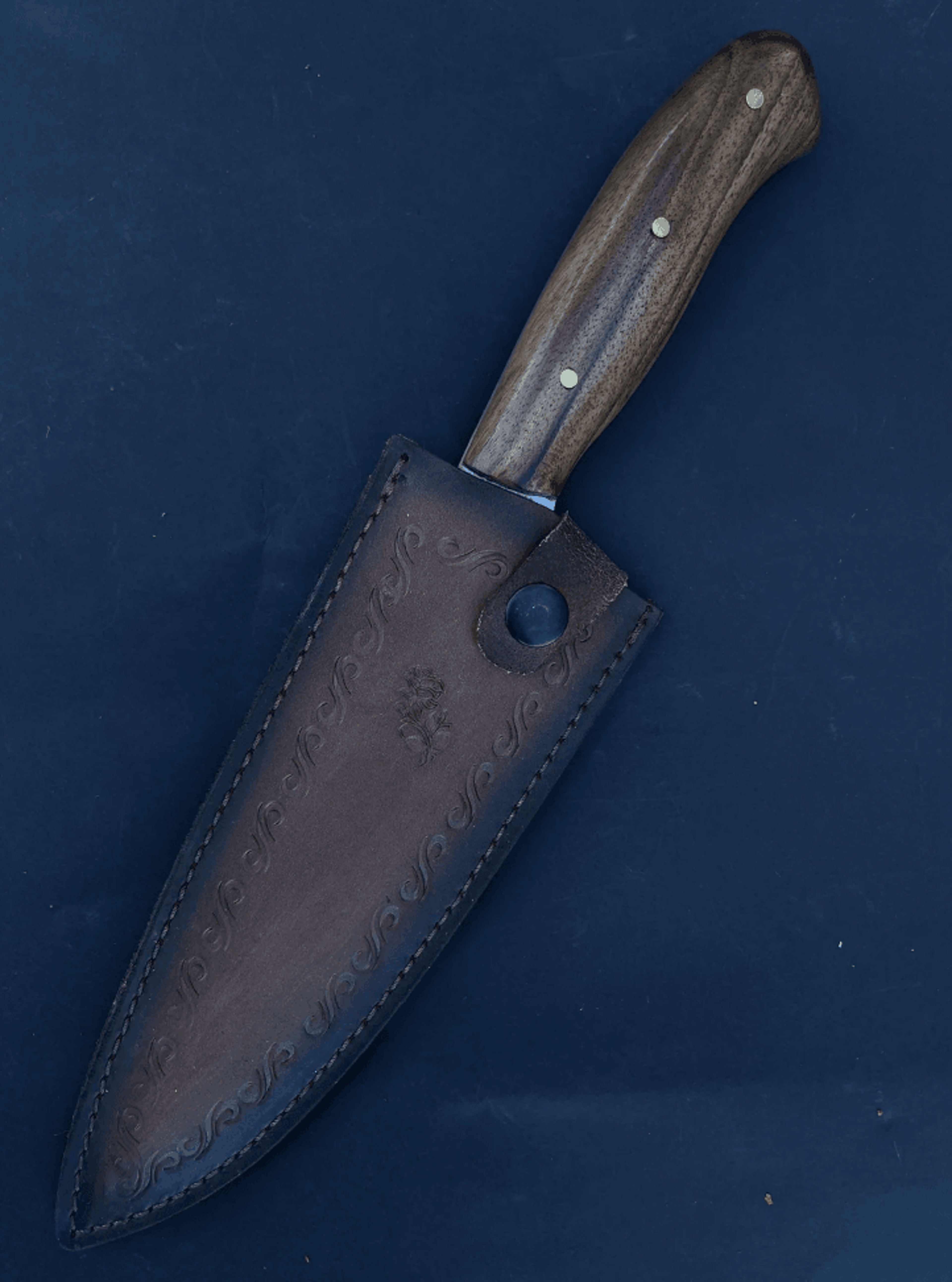custom camping knife | engraved stainless steel blade + walnut handle & leather sheath | outdoor survival & bushcraft