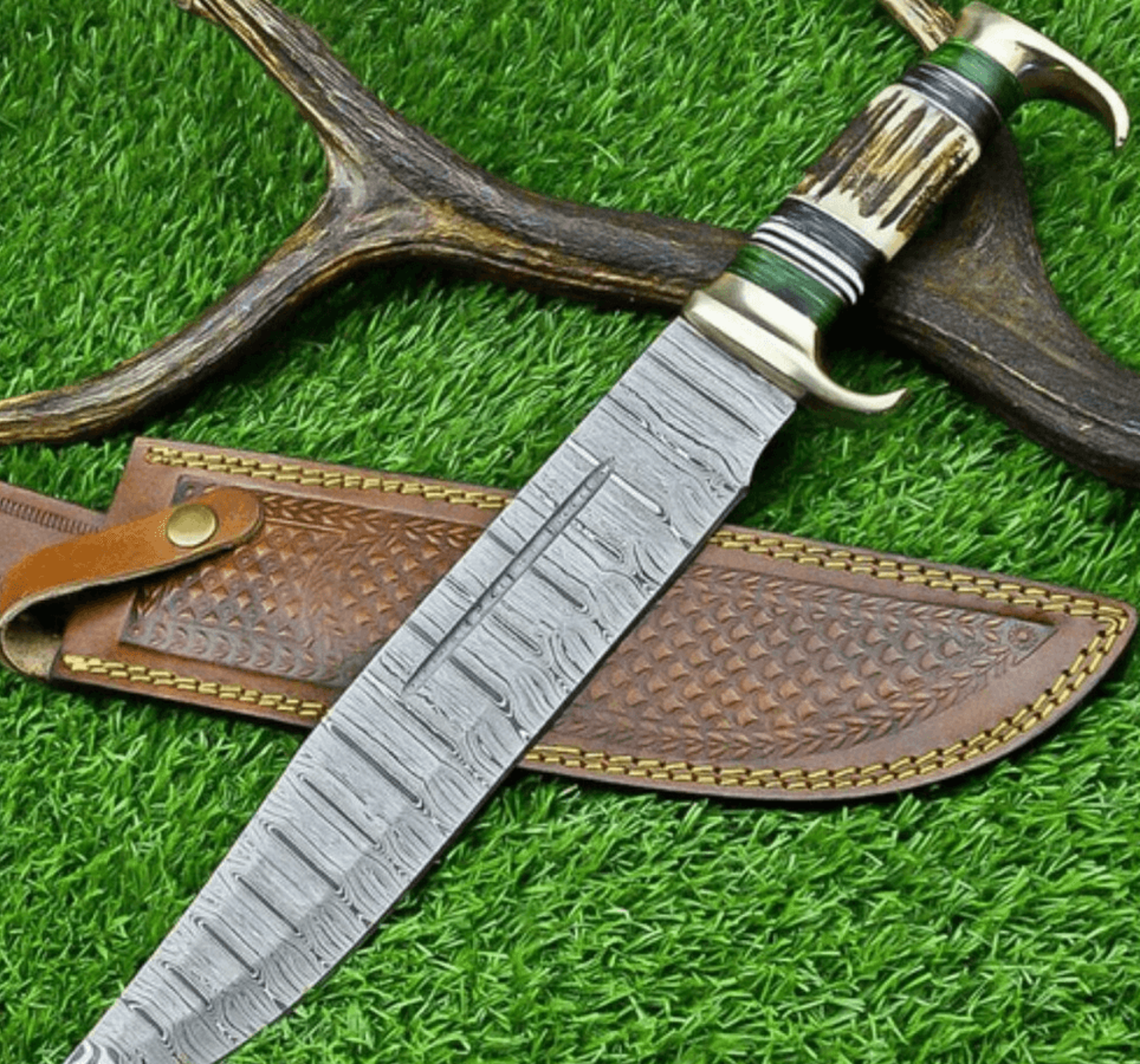 steel bowie knife | stag horn handle | full tang outdoor survival blade with leather sheath