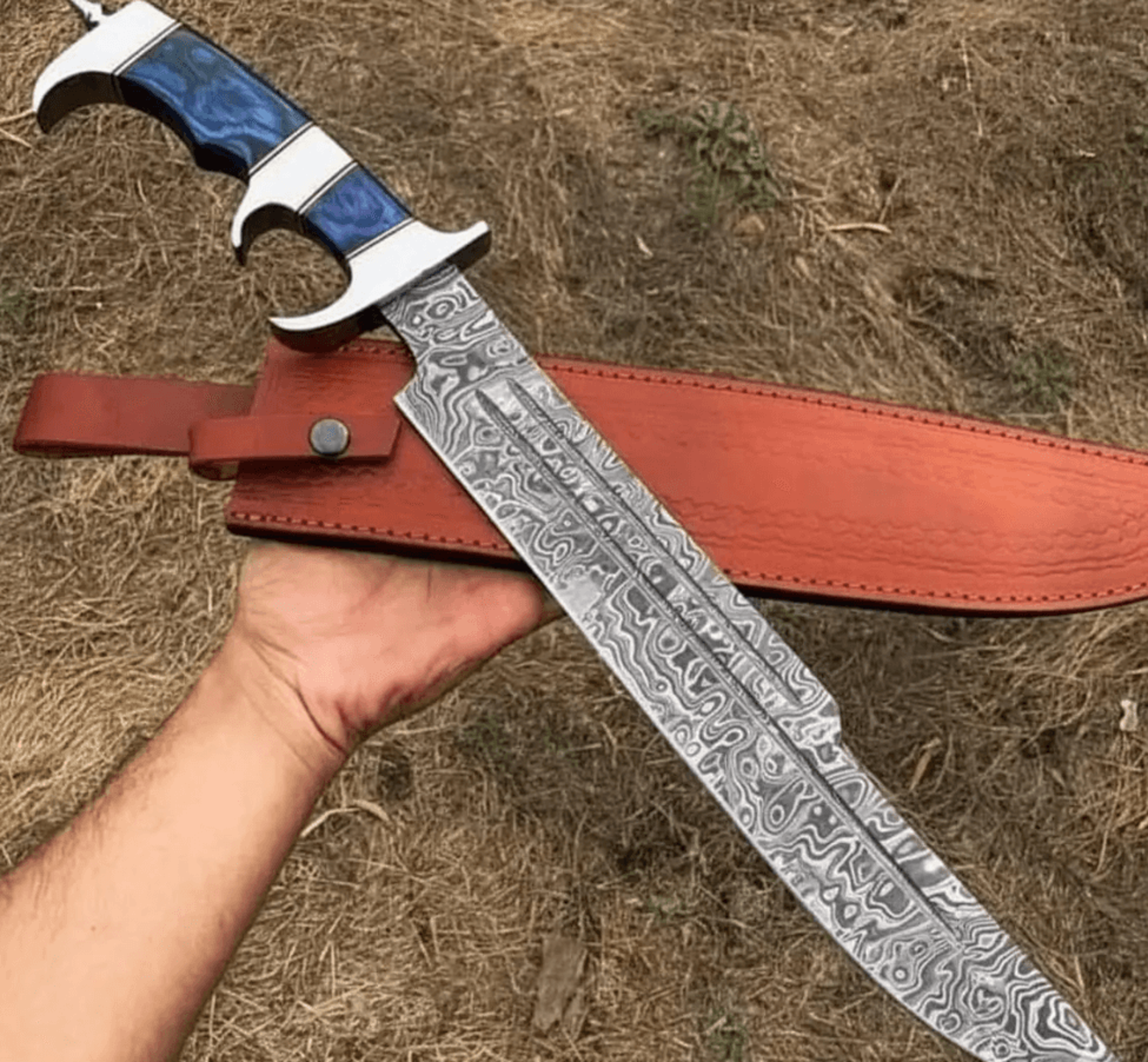 steel survival knife | 400-layer forged blade with blue pakka wood handle | full tang outdoor weapon with leather sheath