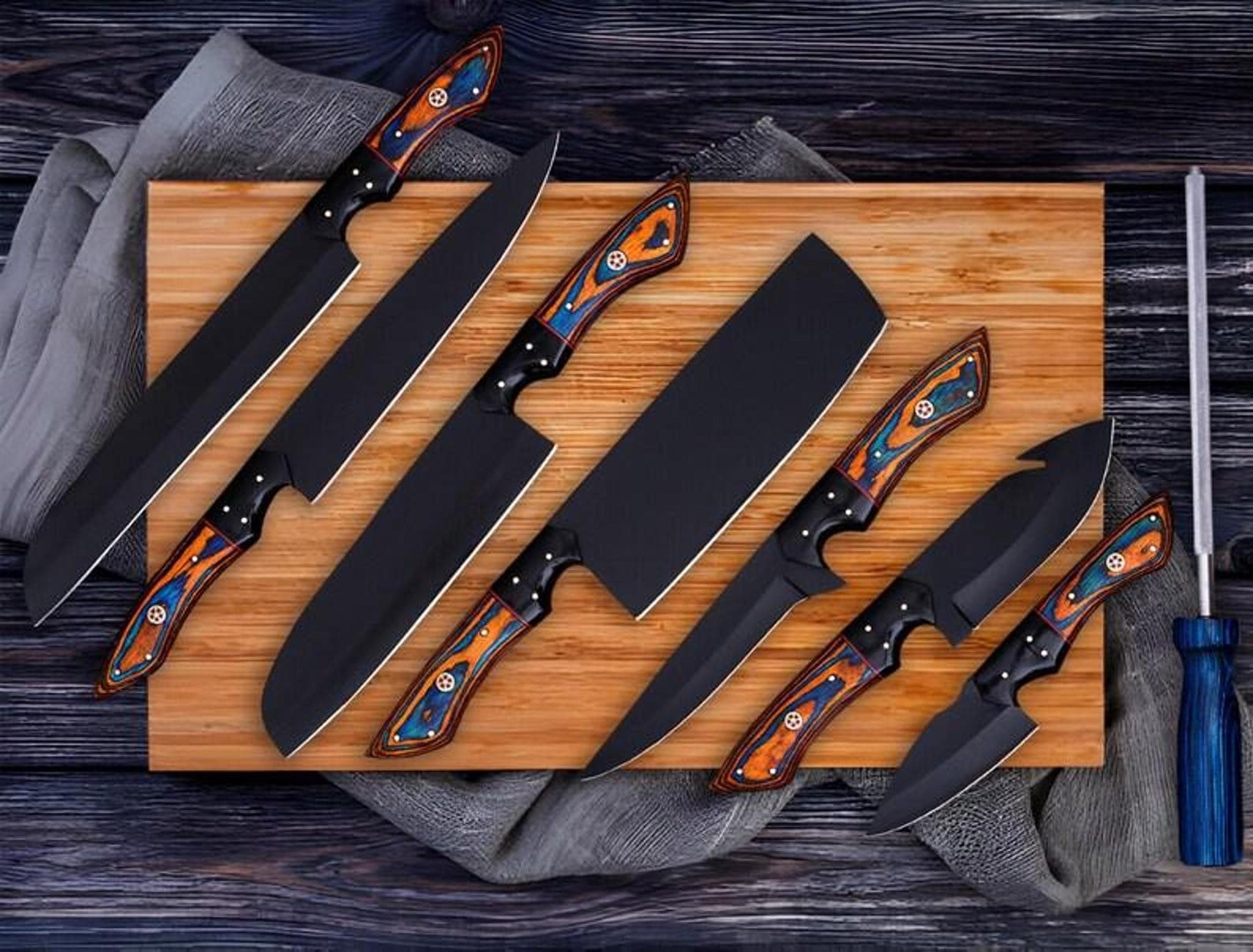 professional cooking knife set handmade with dark blades and comfortable wood handles