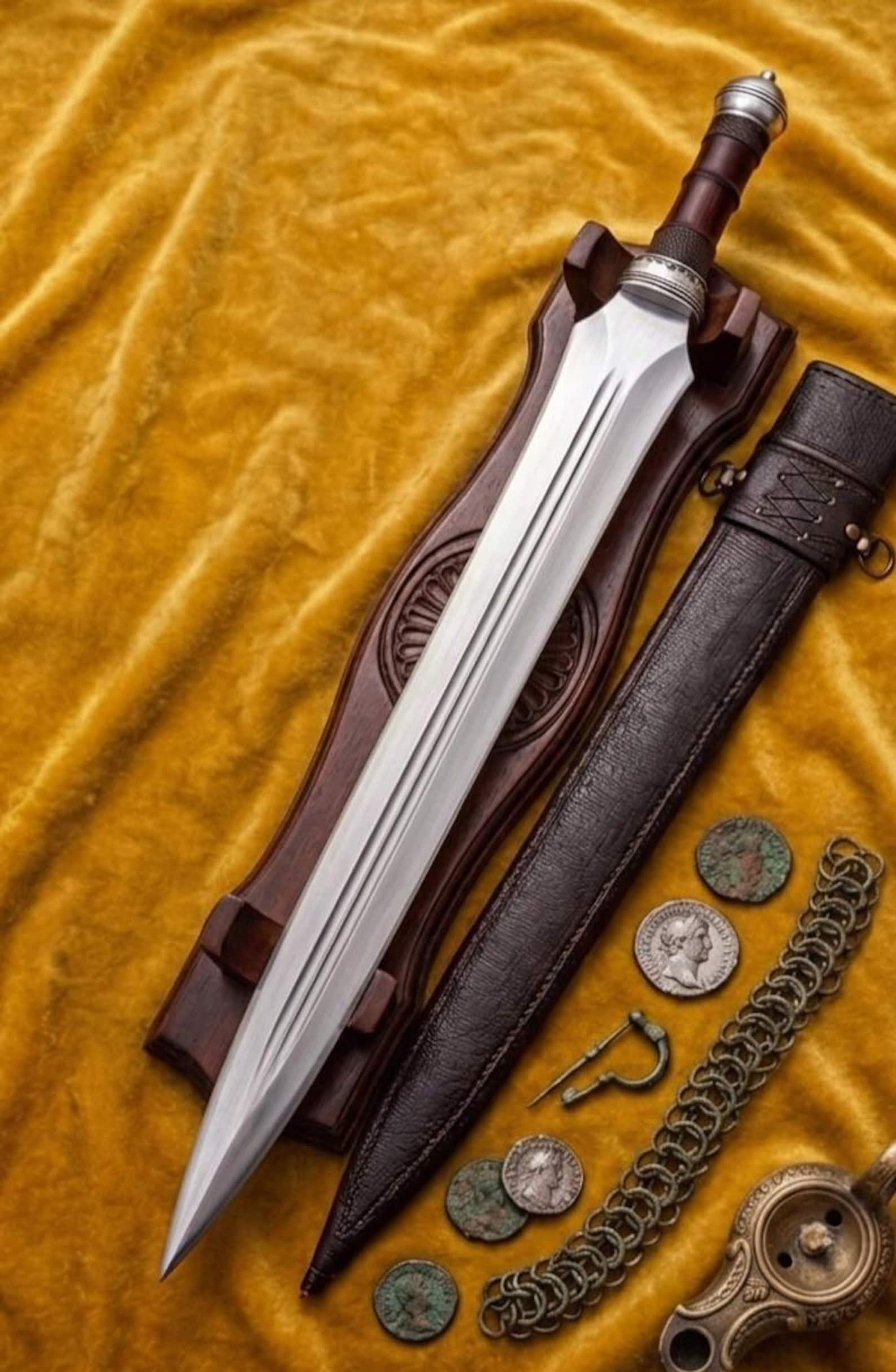 handcrafted high carbon steel viking sword with wooden handle display blade