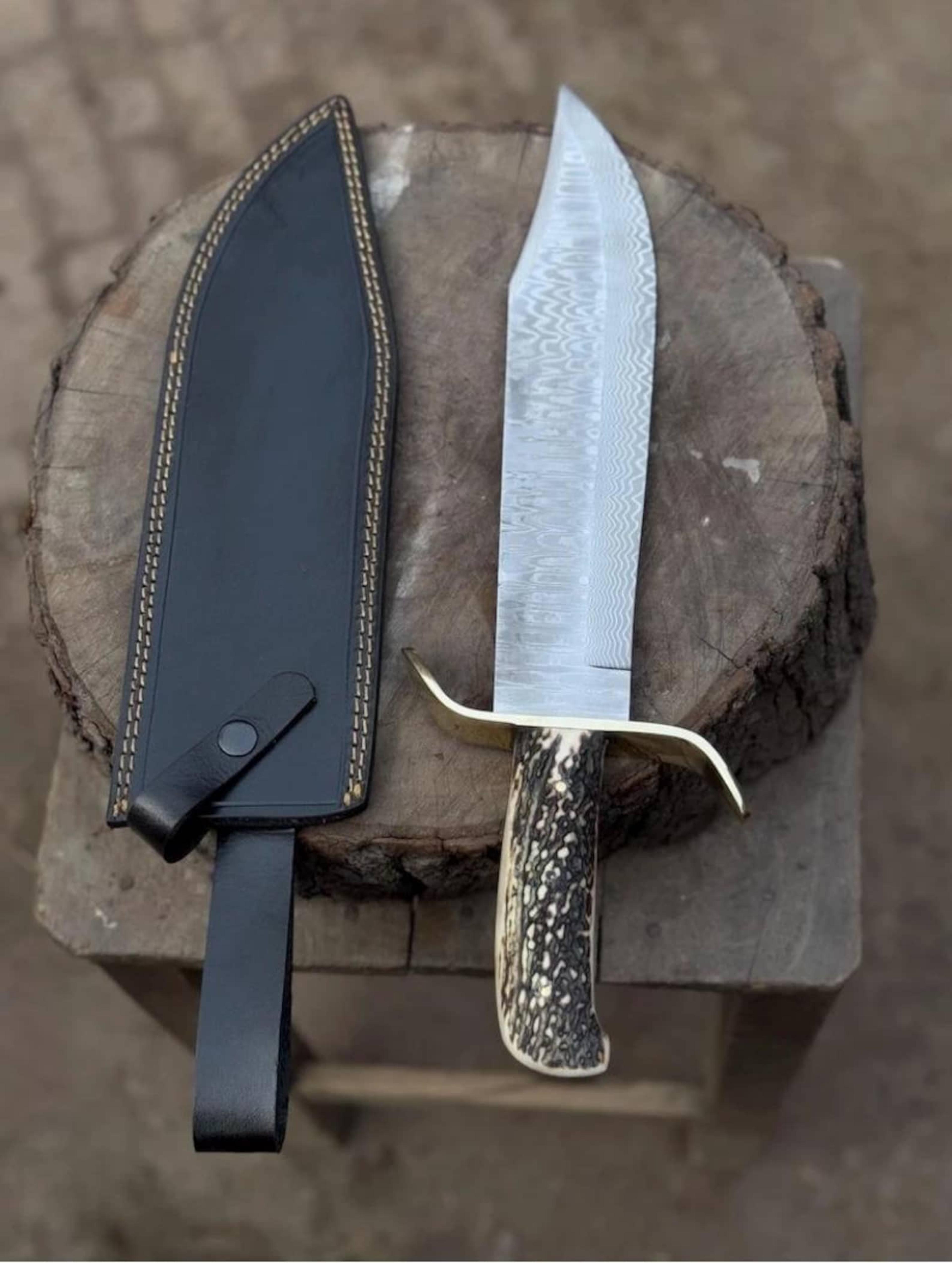 handmade damascus bowie knife stag horn handle leather sheath gift for hunters