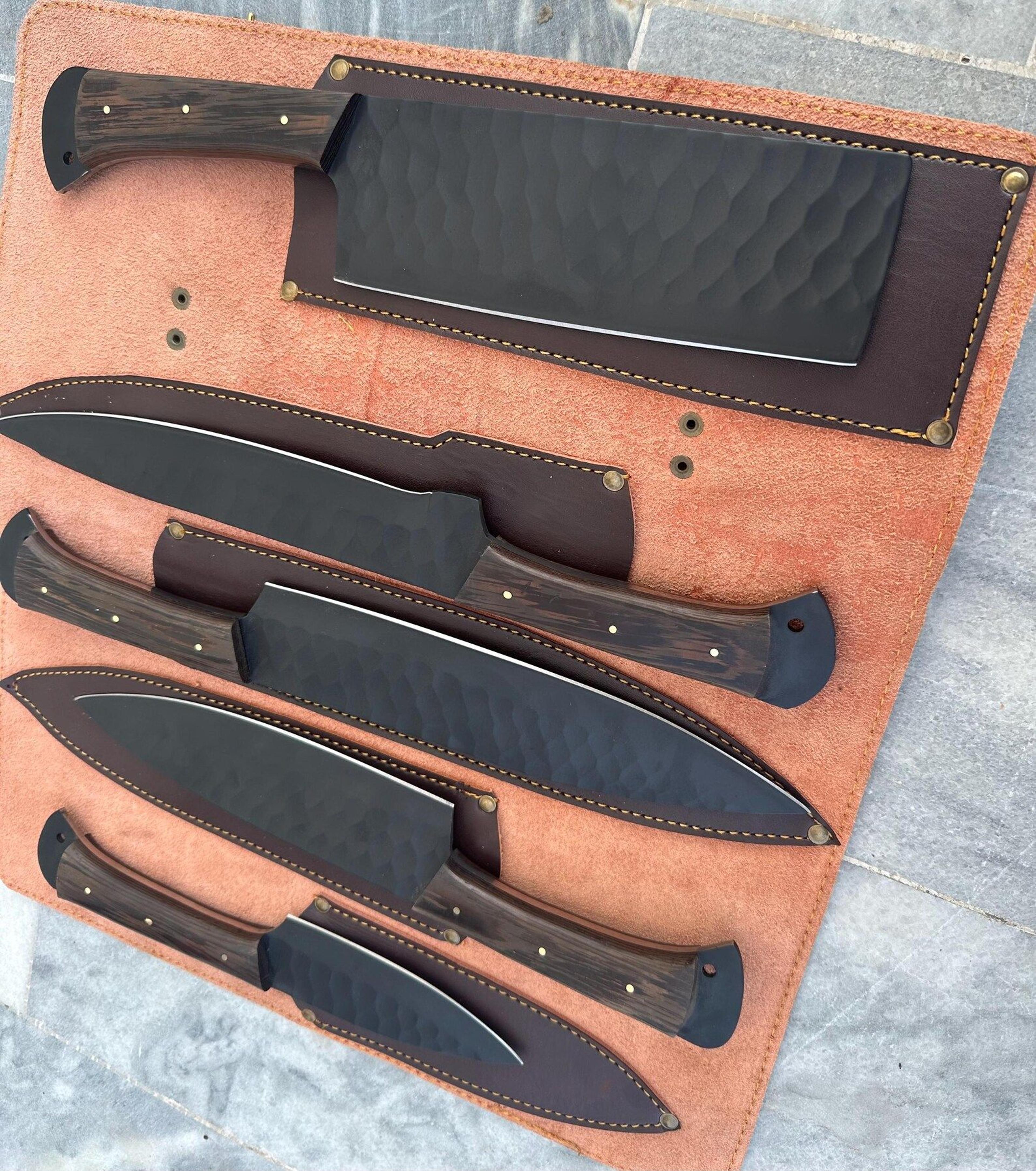 handmade forged carbon steel knife collection with hammered black finish
