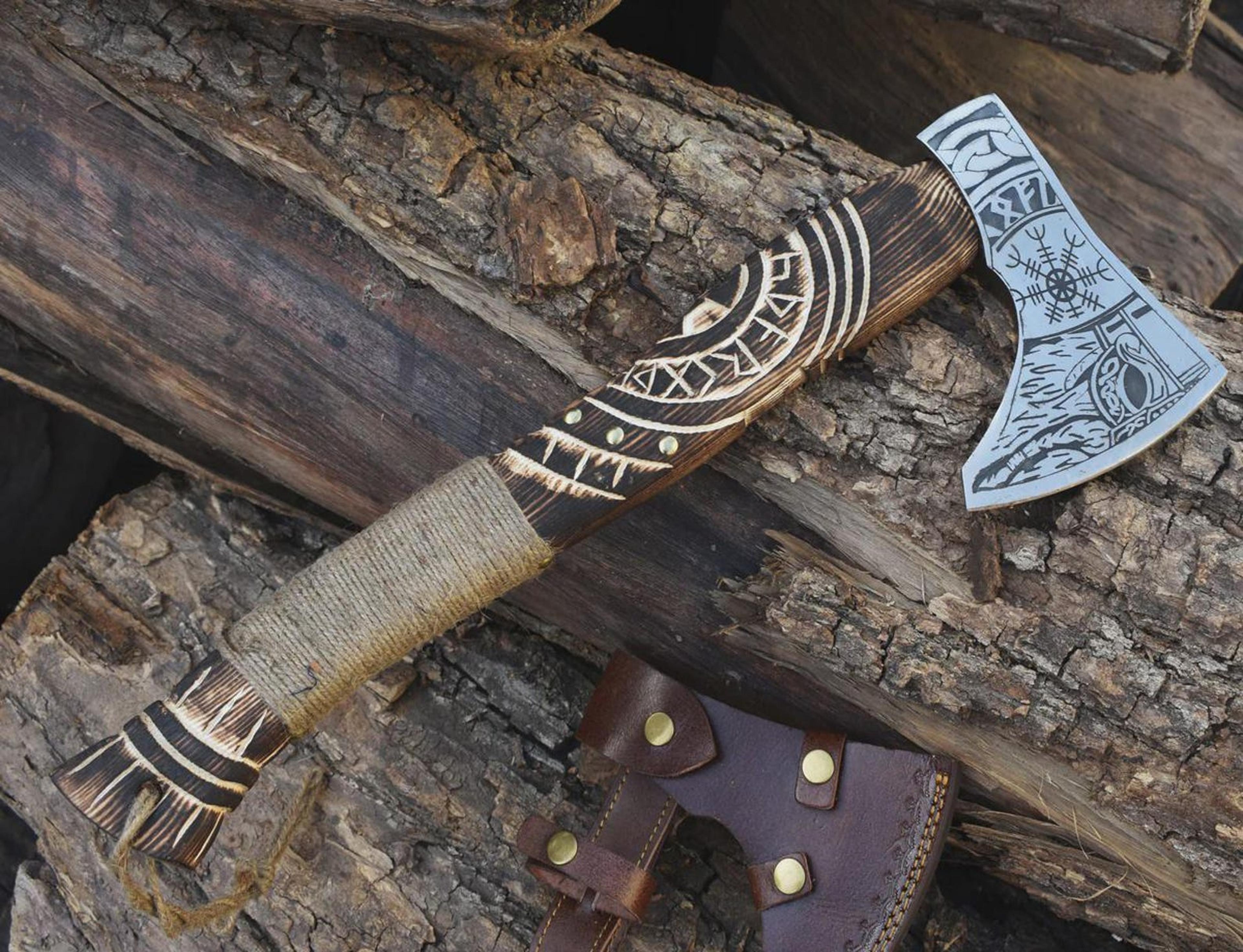 hand forged high carbon steel viking axe norse engravings 18 inch wooden handle gift for men