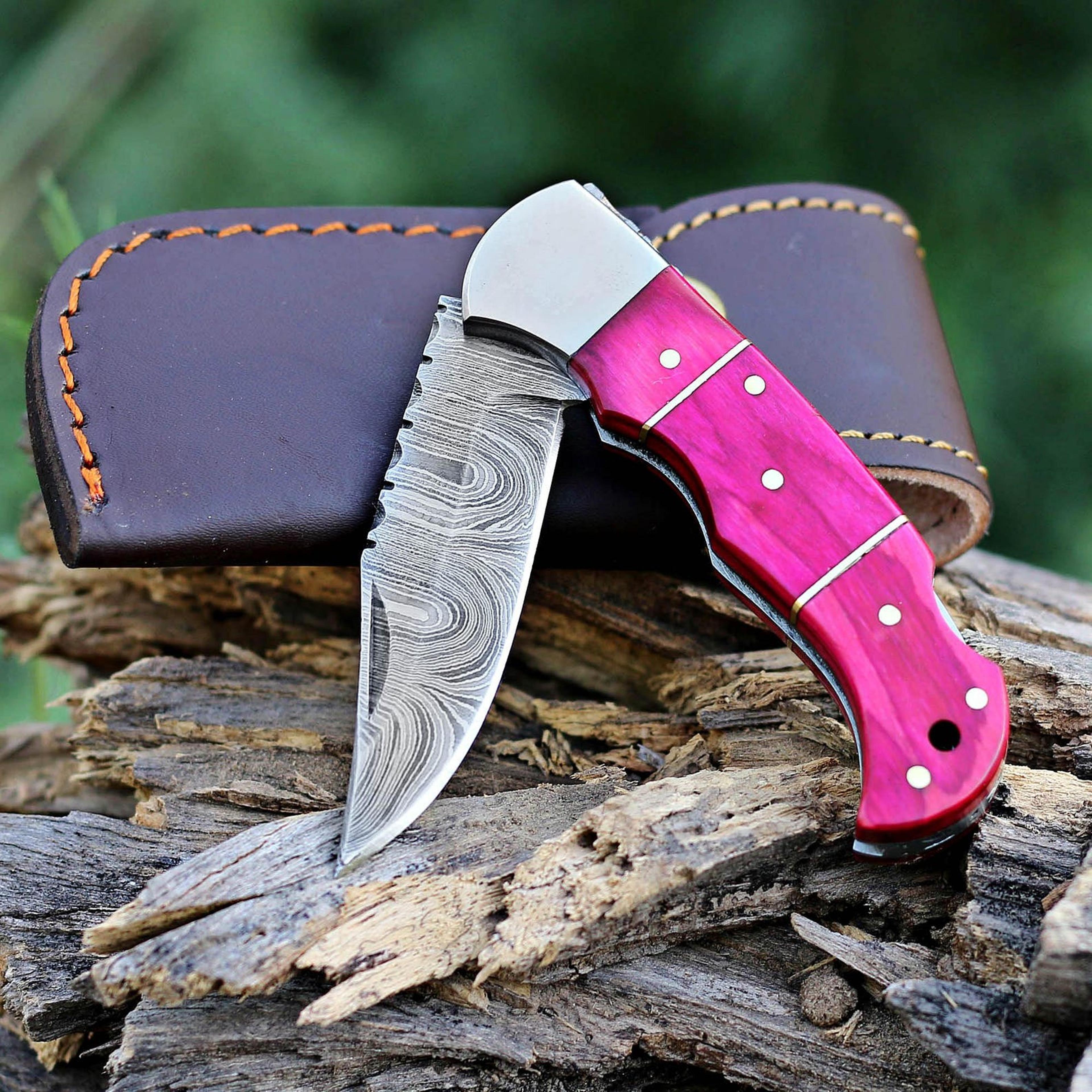 handmade damascus folding knife with pink wood handle - custom groomsmen gift for him - birthday anniversary