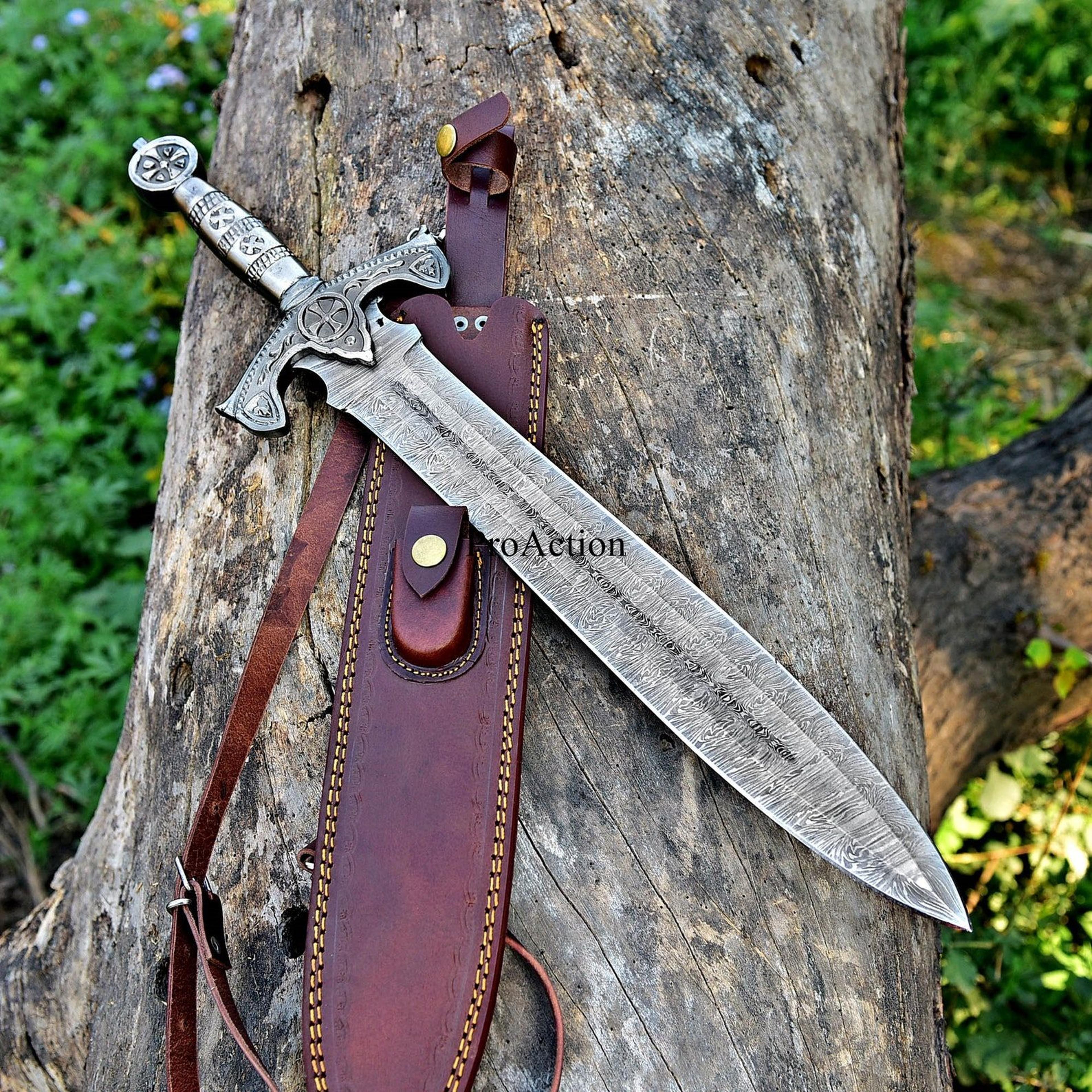 custom handmade damascus steel master sword with short viking style sheath and gift for him, boyfriend