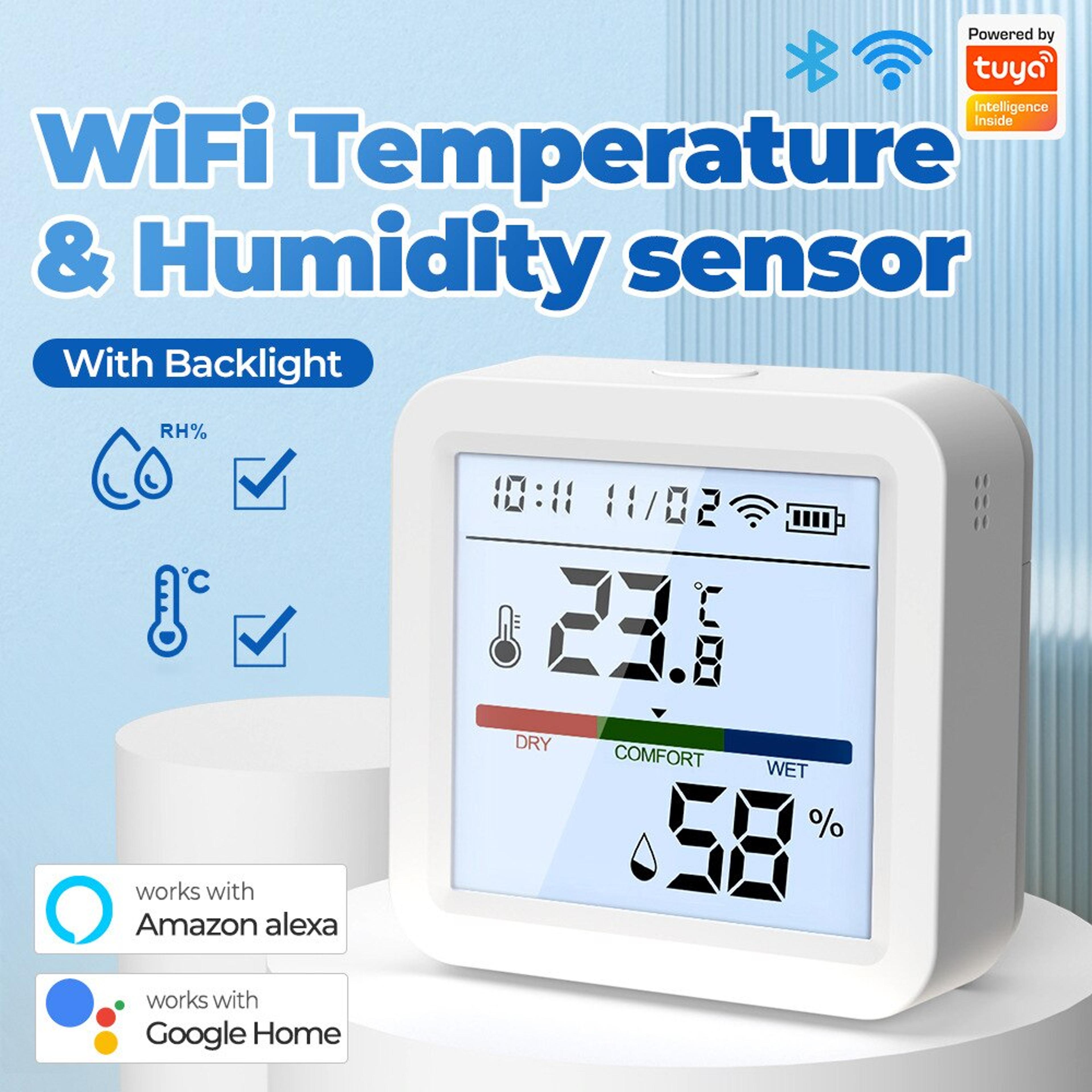 smart life wifi temperature humidity sensor, backlit hygrometer thermometer, supports alexa & google home assistant