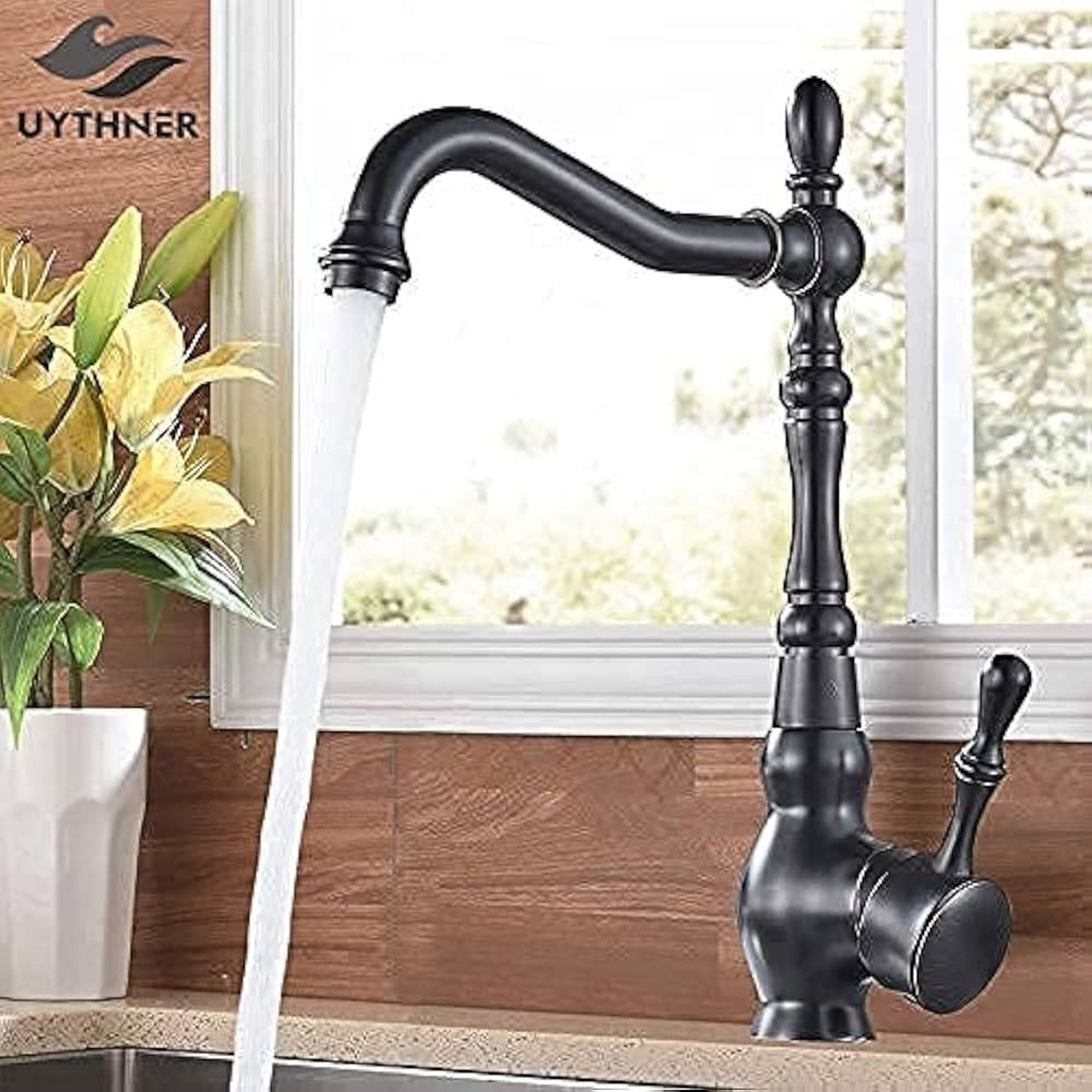 antique bronze kitchen faucet, uythner single handle retro brass basin tap with hot/cold water mixing (deck mounted)