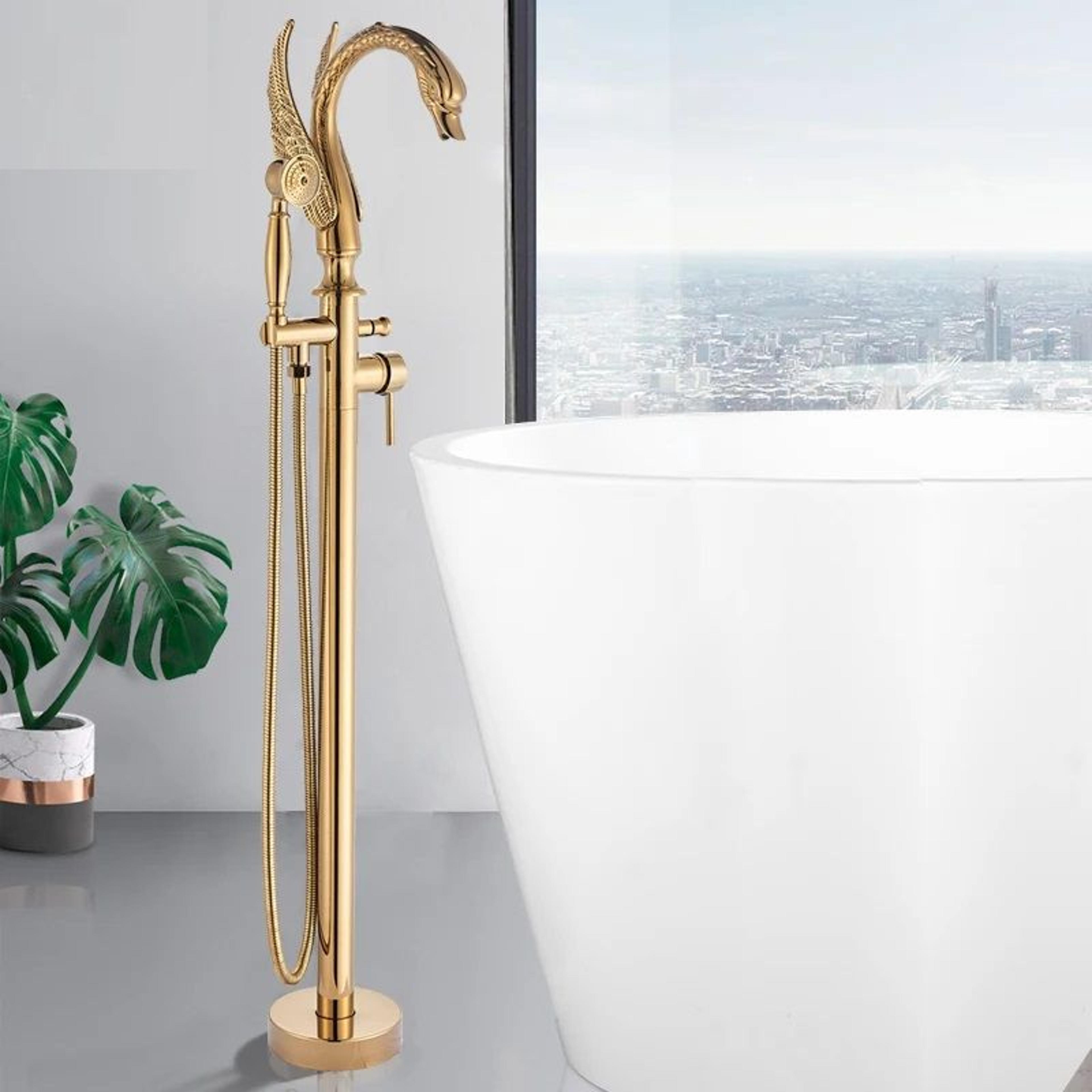 luxury quyanre floor standing gold swan bathtub faucet, modern black chrome shower mixer tap for bathroom elegance