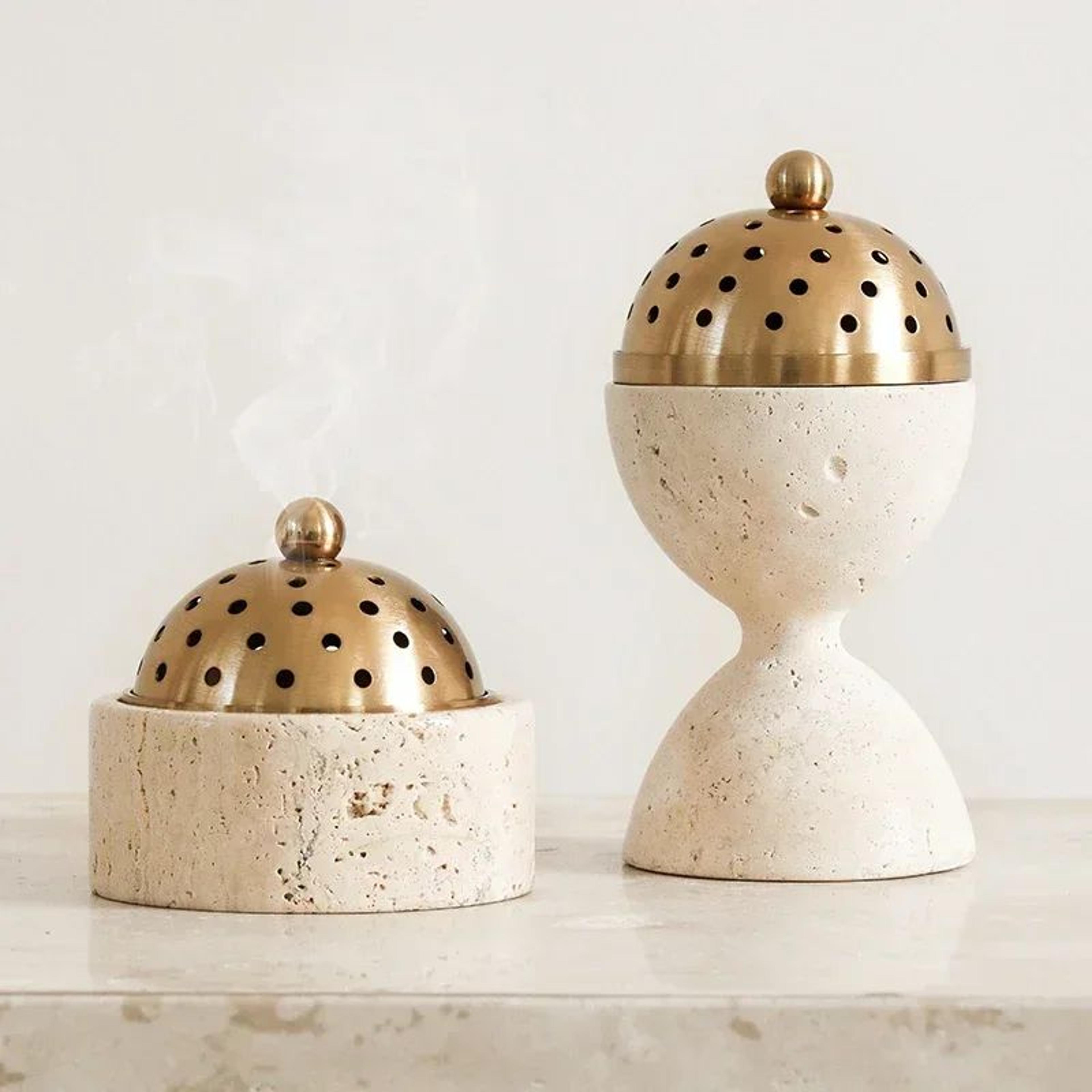 luxury travertine stone mabkhara burner, natural marble bakhoor oud censer with brass cover for incense & aromatherapy