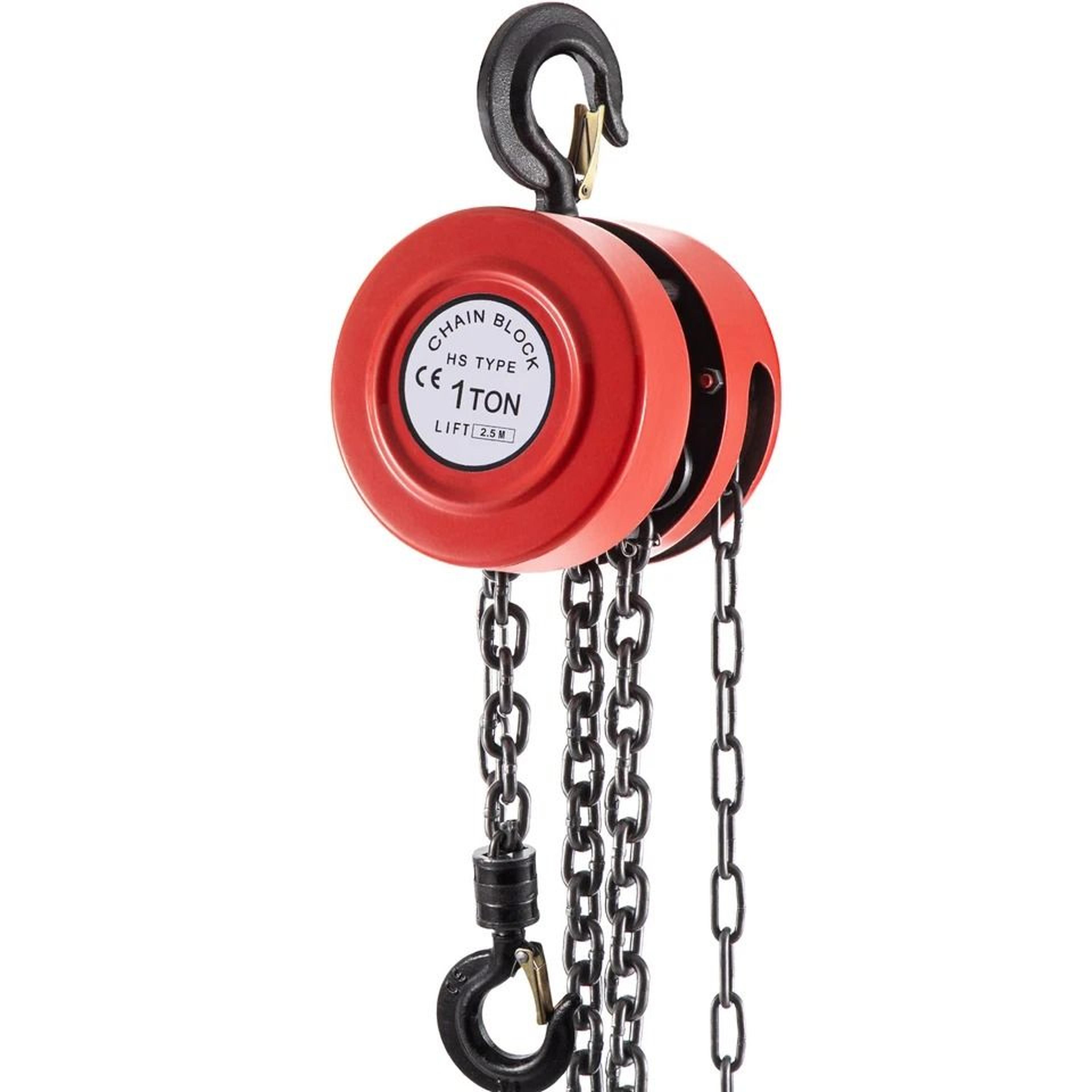 1-ton manual chain hoist with 8ft fall chain & red hook, heavy-duty puller block for lifting