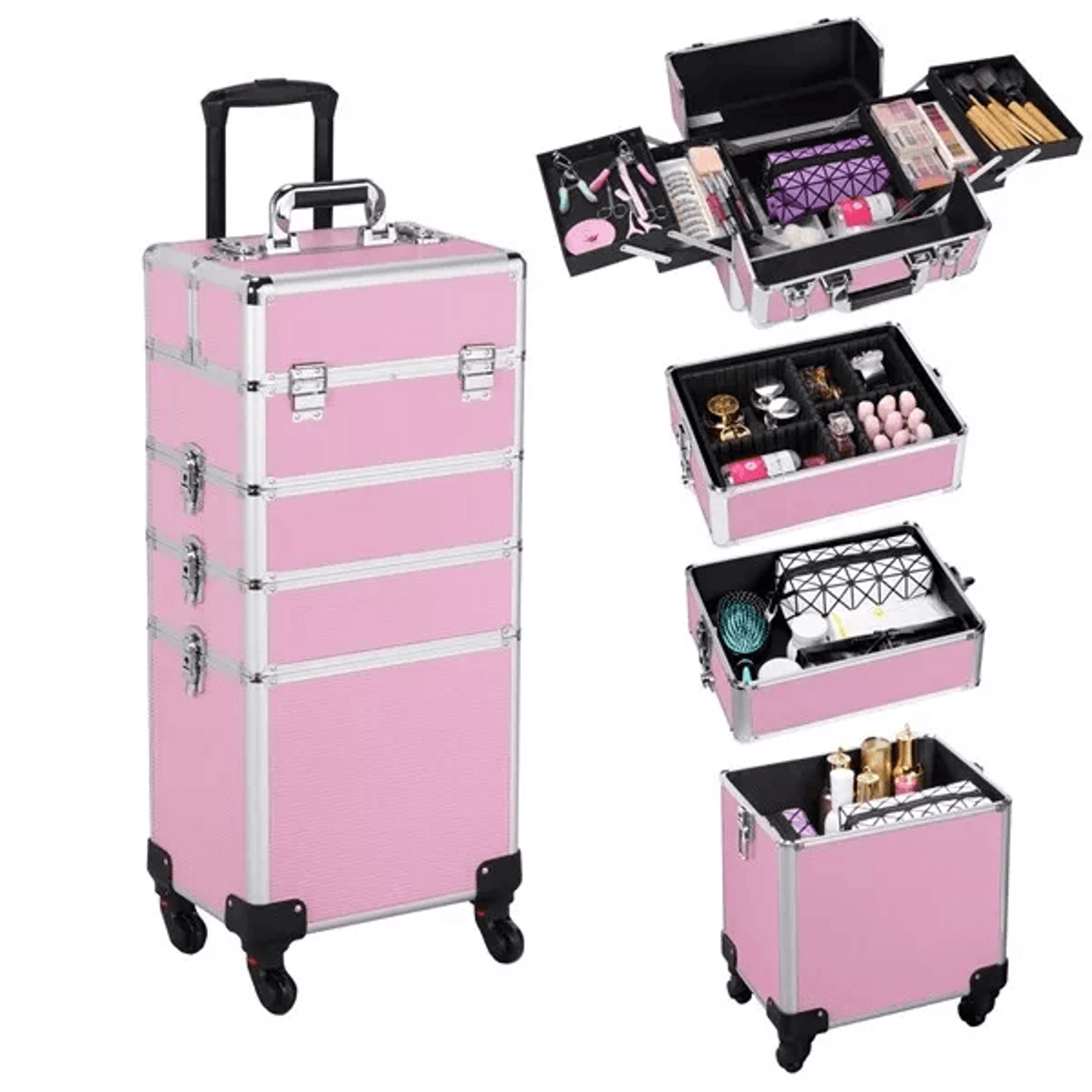large professional makeup case rolling train case, secure cosmetic organizer with key lock