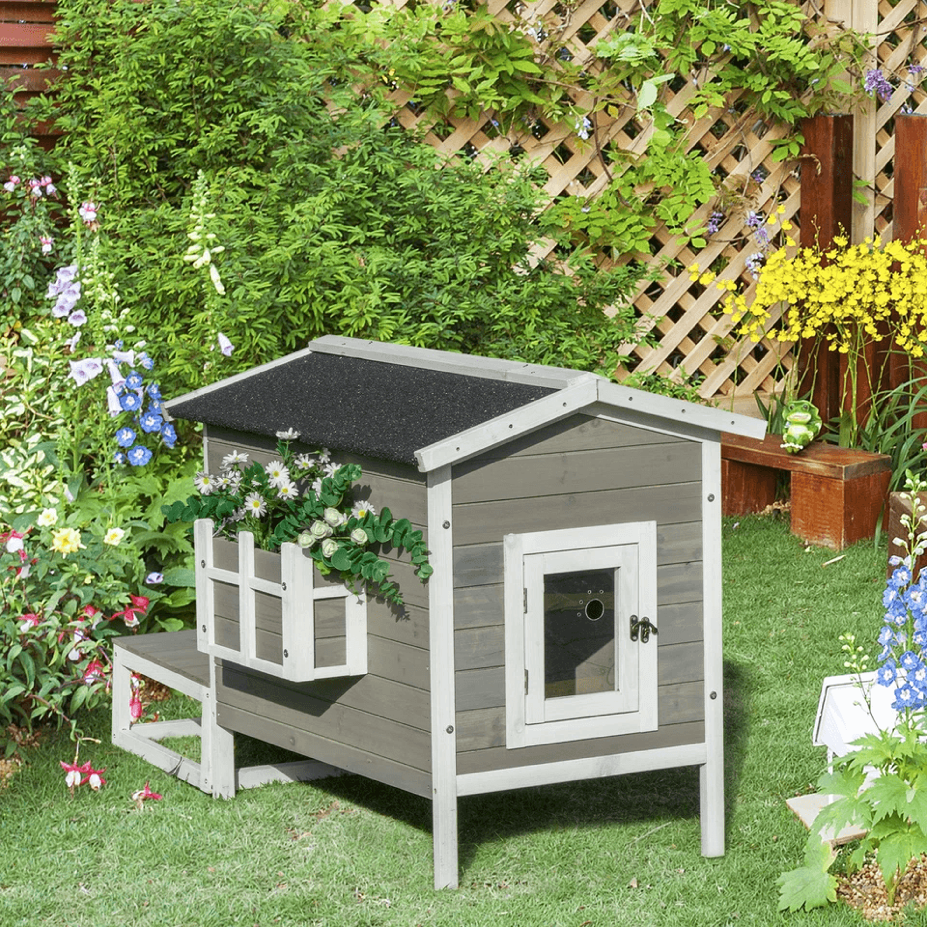 wooden raised luxury cat house with balcony & porch, outdoor indoor dog cage, grey, weatherproof